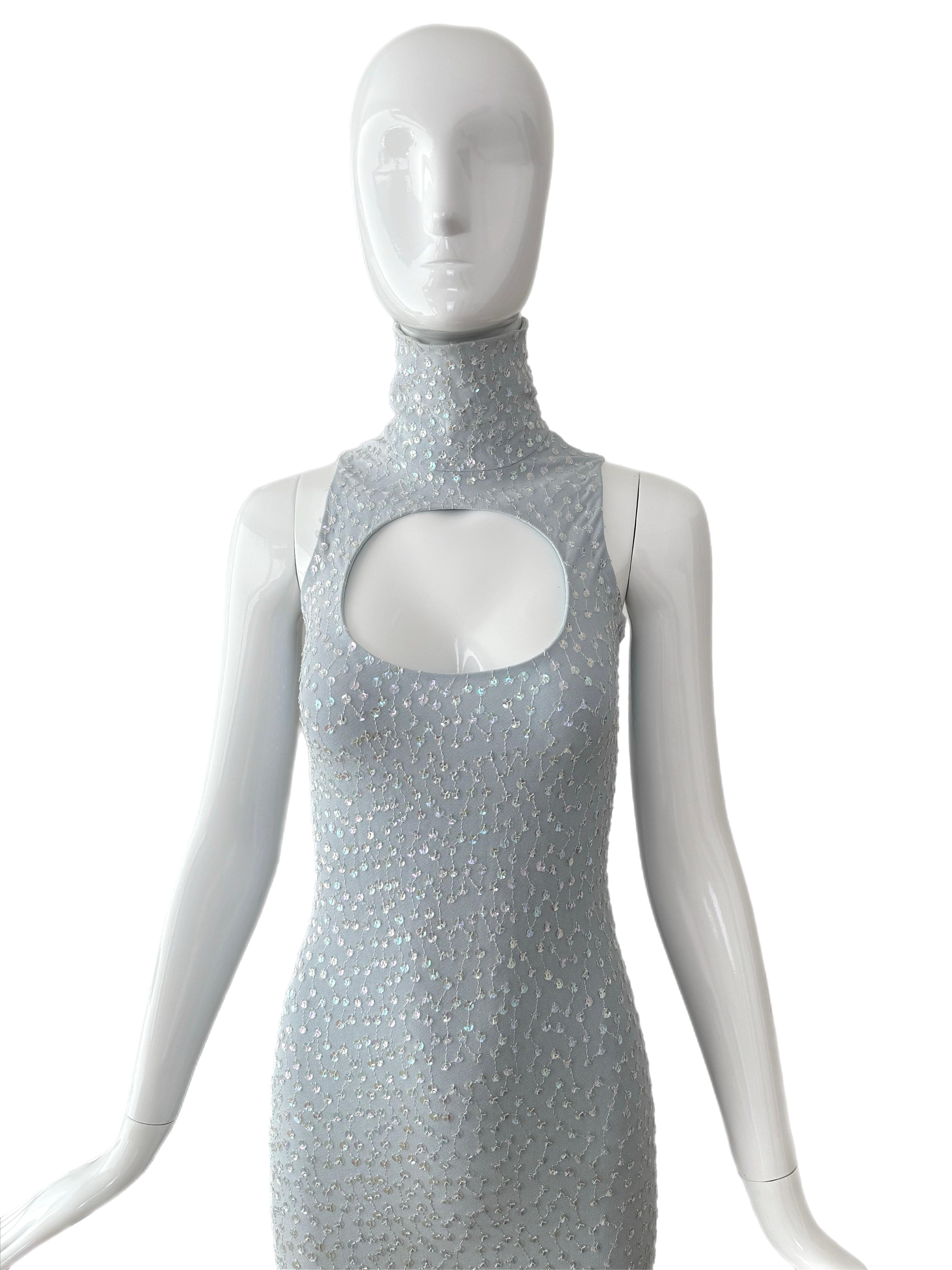 MARC BOUWER 1999 Vintage Blue Sequin Midi Dress en vente 1