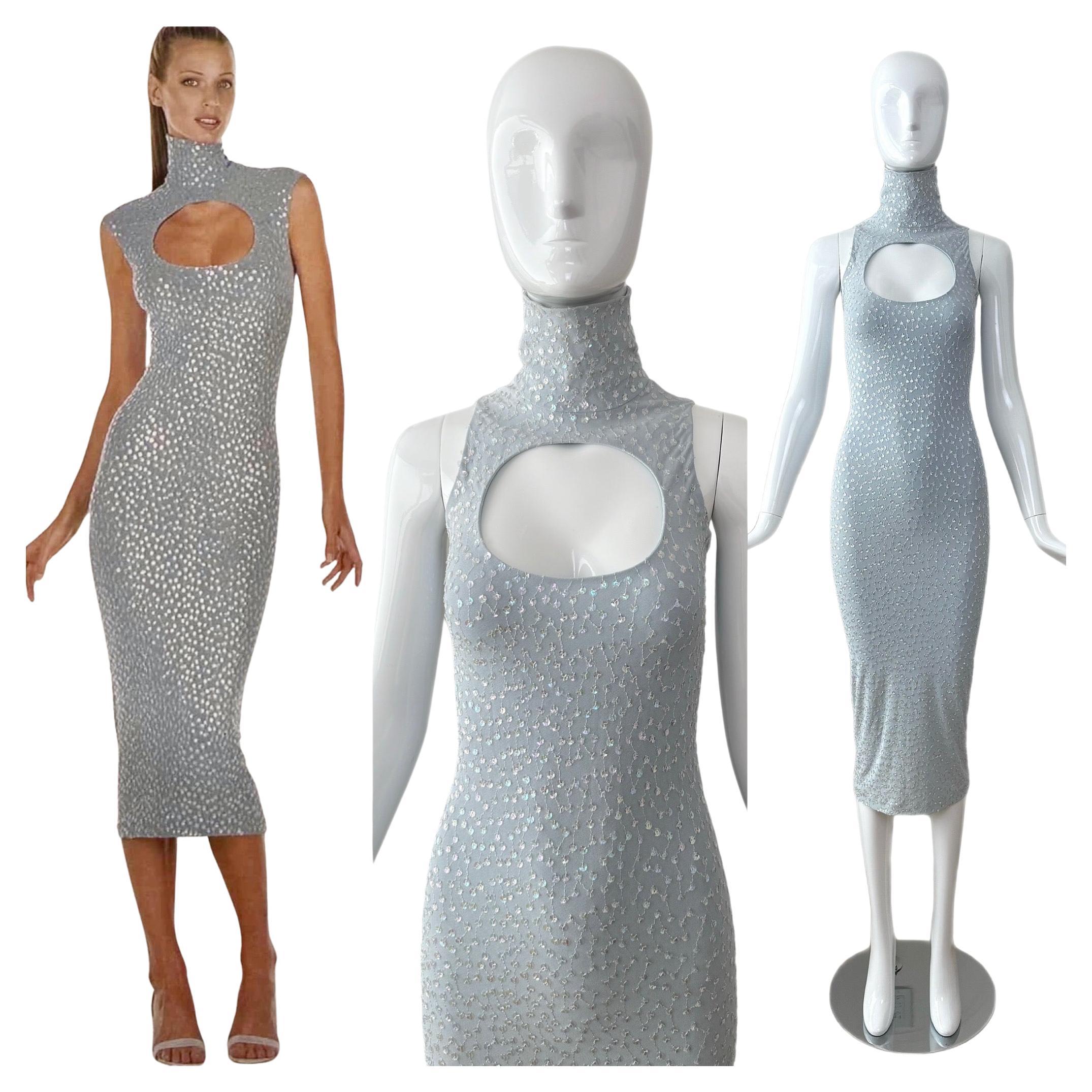 MARC BOUWER 1999 Vintage Blue Sequin Midi Dress en vente