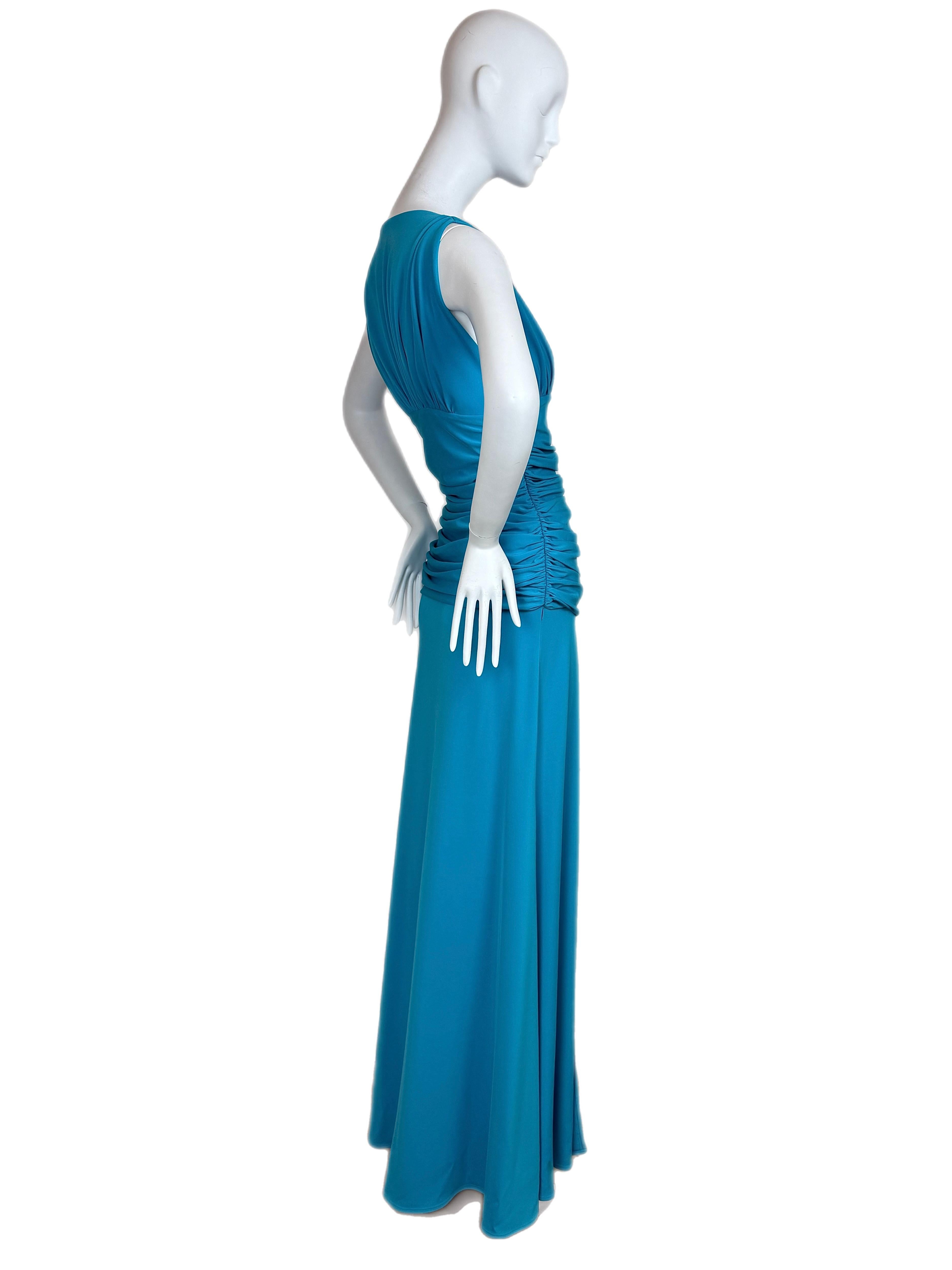 MARC BOUWER 90s/00s Vintage Azul Brillante Bata Acanalada Maxi Vestido en venta 3