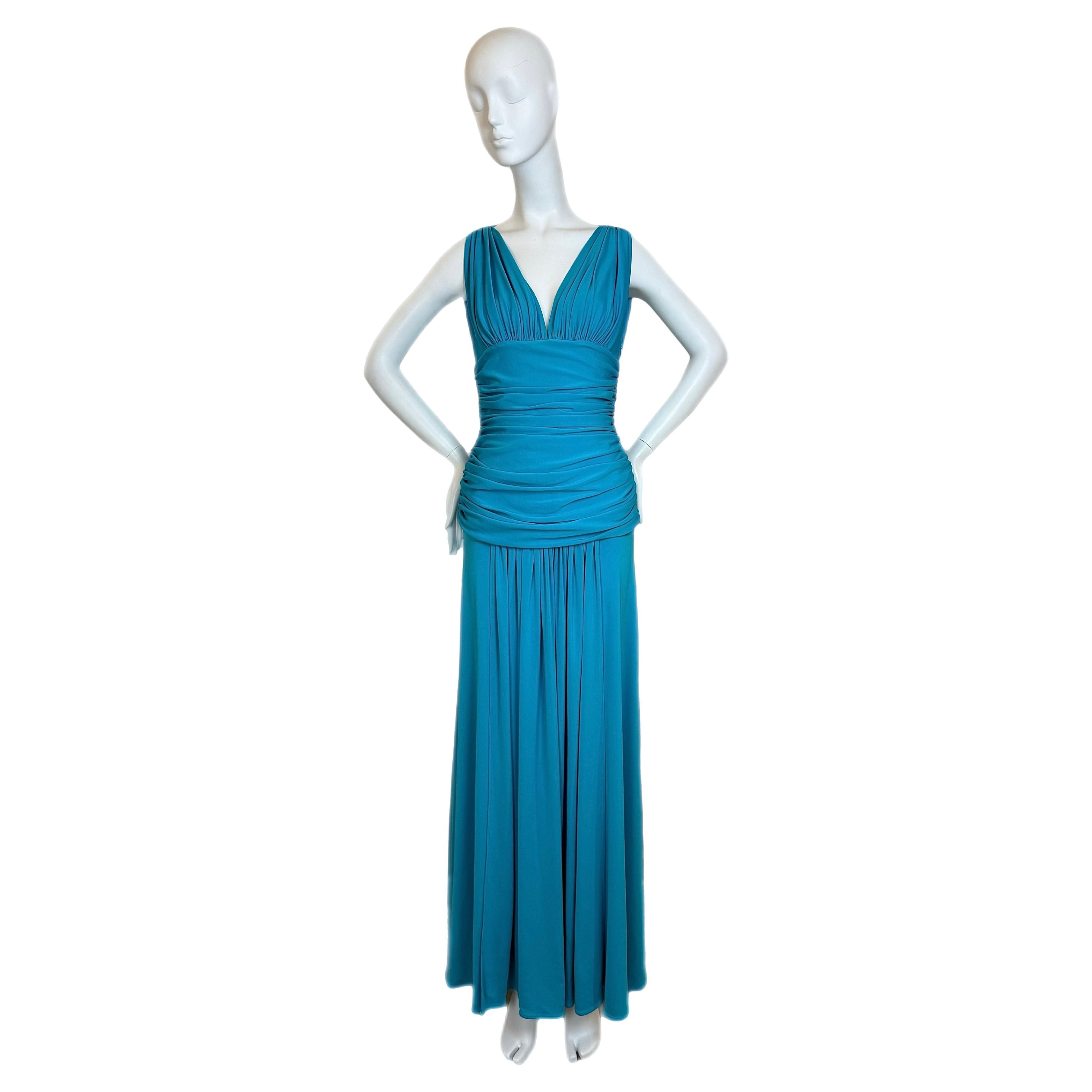 MARC BOUWER 90s/00s Vintage Azul Brillante Bata Acanalada Maxi Vestido en venta