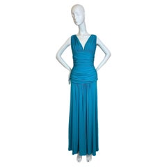 MARC BOUWER 90s/00s Vintage Bright Blue Ruched Gown Maxi Dress
