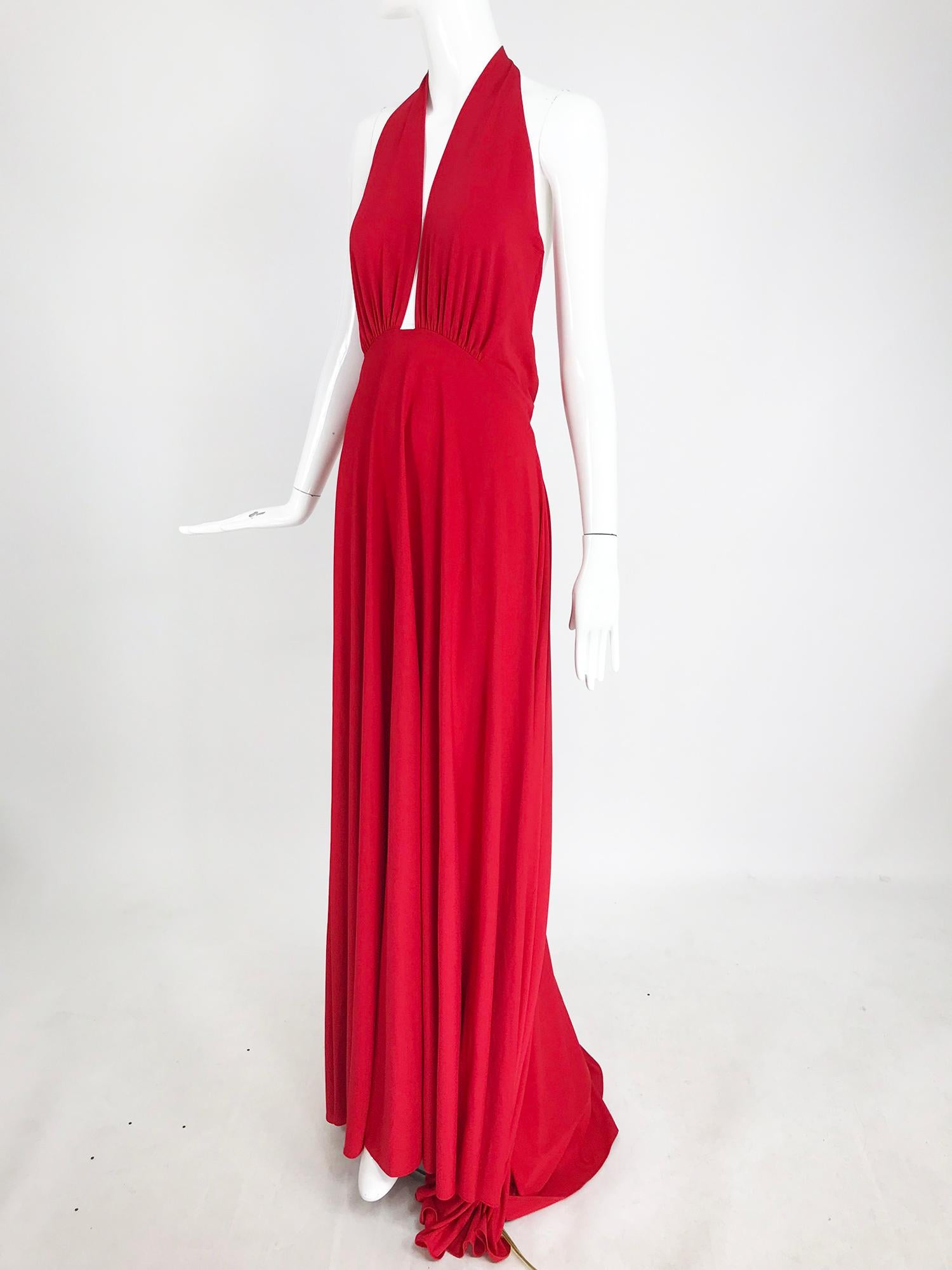 Marc Bouwer Matte Red Jersey Plunge Halter Dress Super Model Length 3