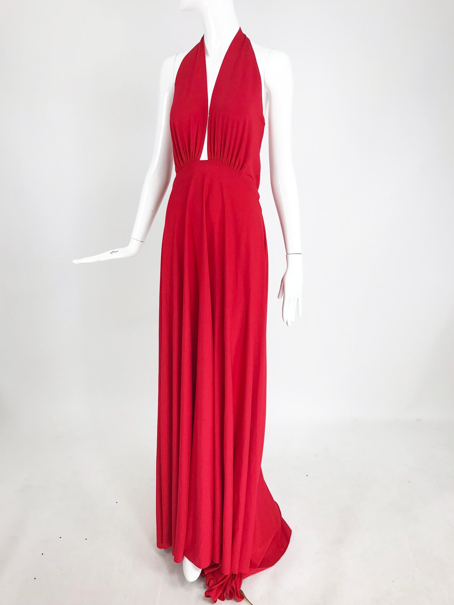 Marc Bouwer Matte Red Jersey Plunge Halter Dress Super Model Length 4