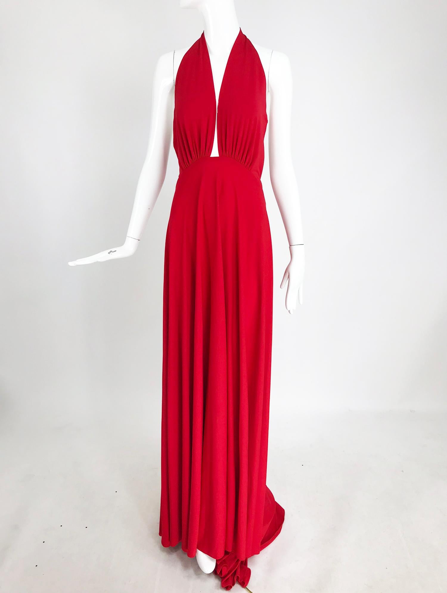 Marc Bouwer Matte Red Jersey Plunge Halter Dress Super Model Length 5