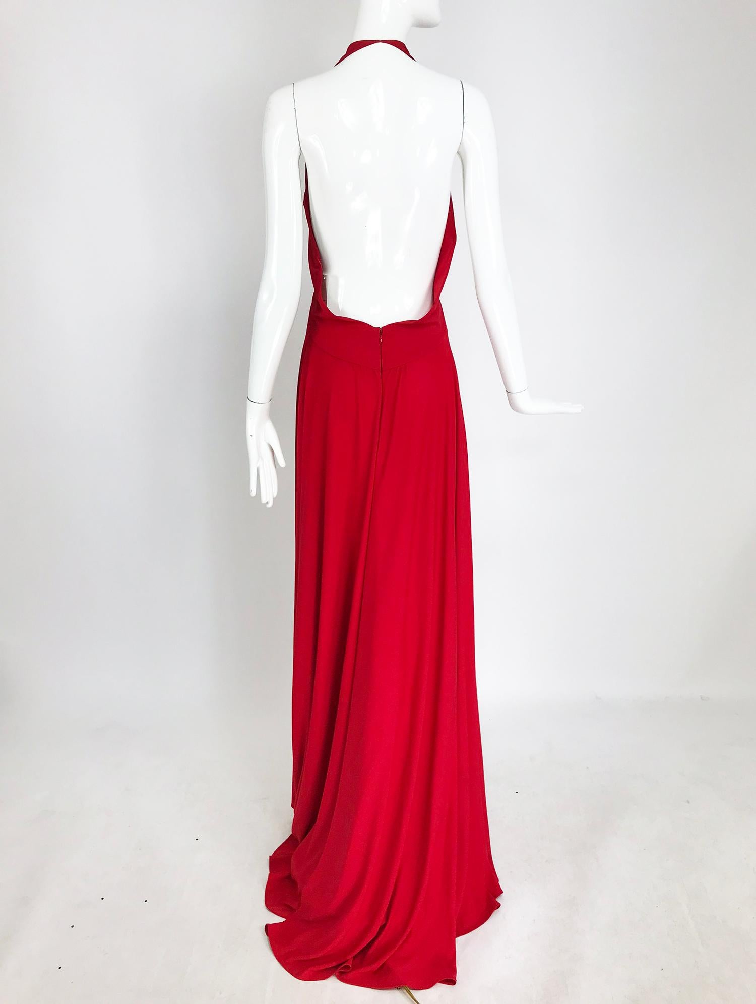 Marc Bouwer Matte Red Jersey Plunge Halter Dress Super Model Length In Good Condition In West Palm Beach, FL