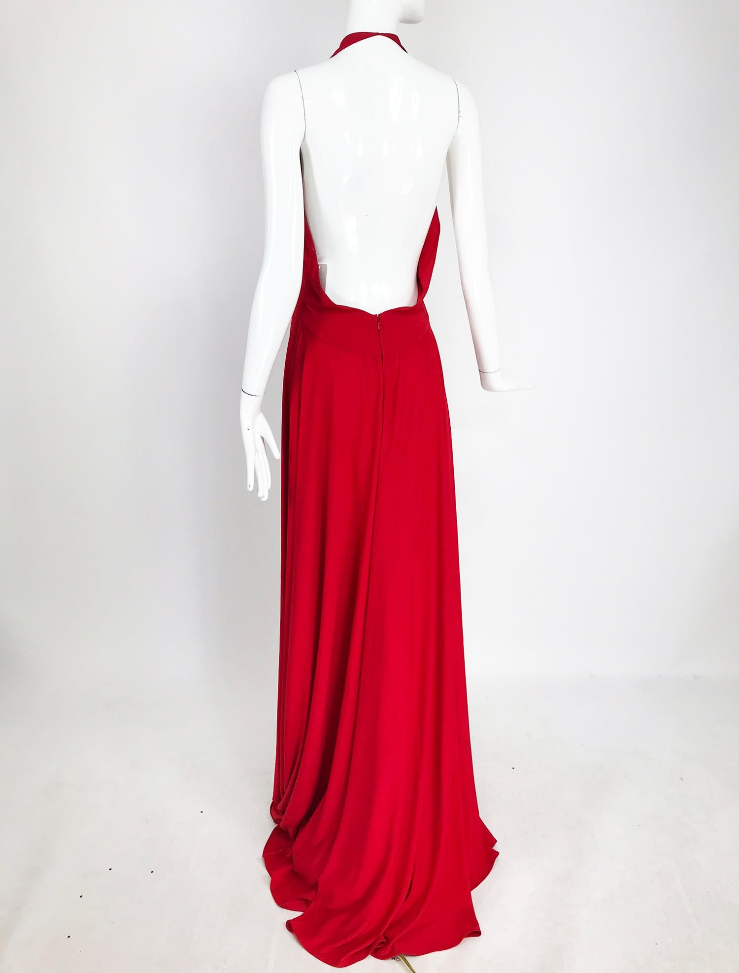 Women's Marc Bouwer Matte Red Jersey Plunge Halter Dress Super Model Length