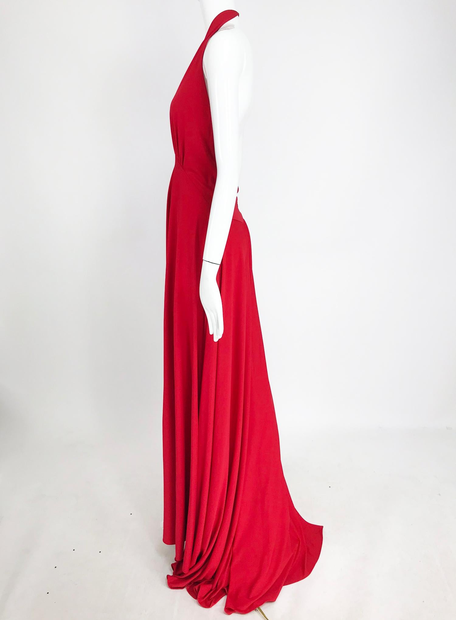 Marc Bouwer Matte Red Jersey Plunge Halter Dress Super Model Length 1