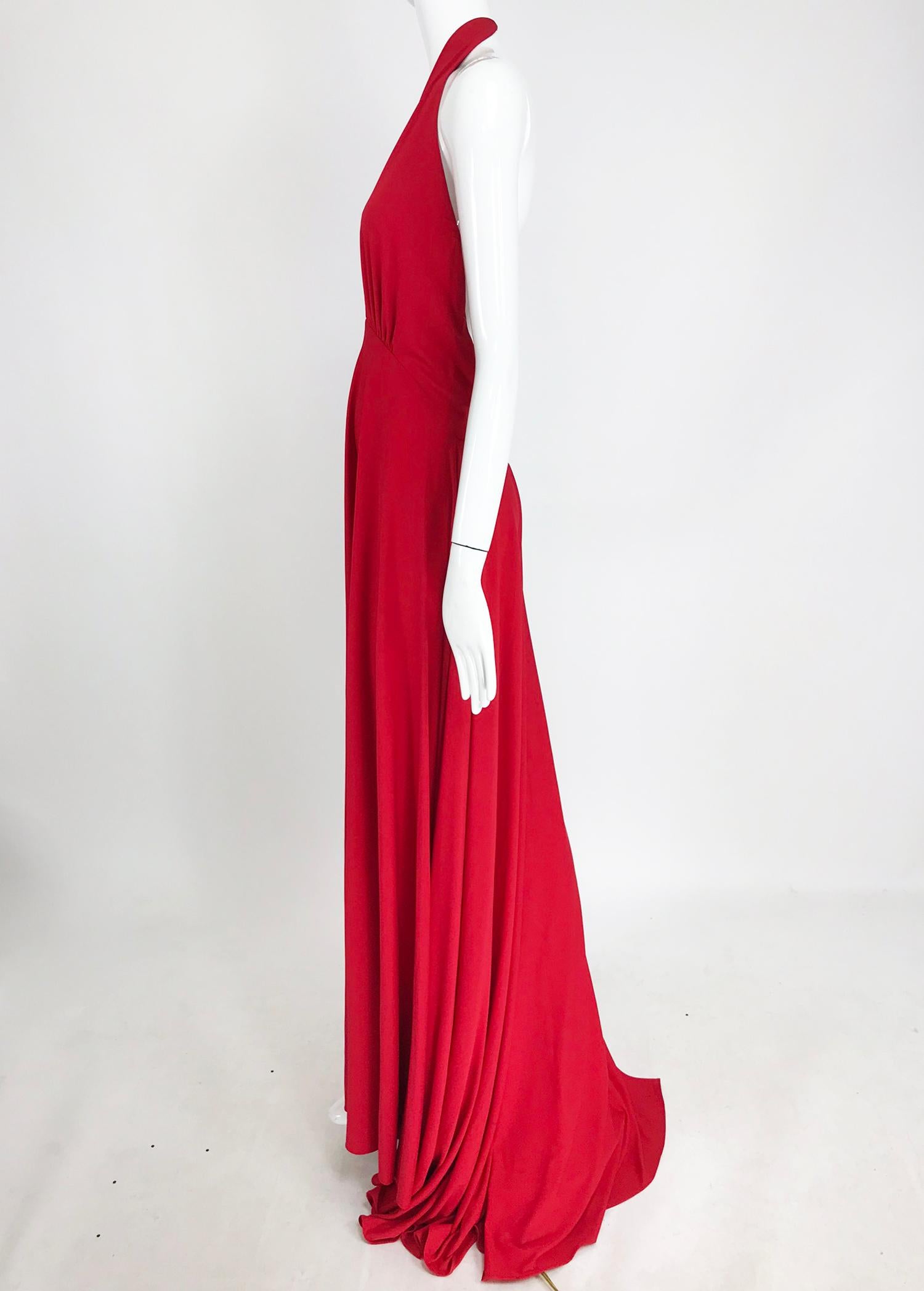 Marc Bouwer Matte Red Jersey Plunge Halter Dress Super Model Length 2