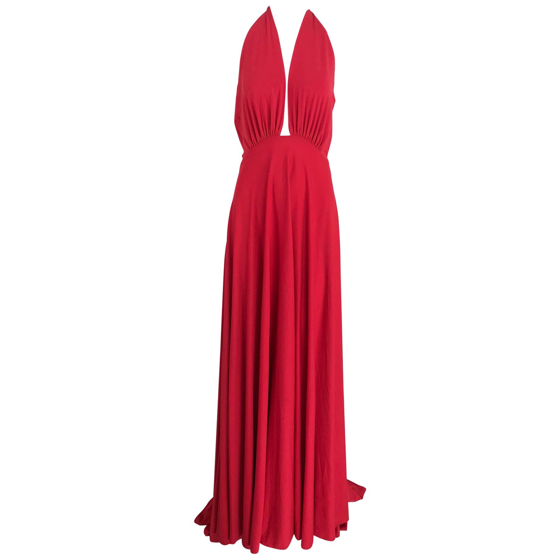 Marc Bouwer Matte Red Jersey Plunge Halter Dress Super Model Length