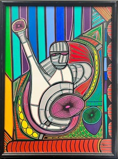 El Yogui Pintura abstracta francesa de los años 90 de una figura de yoga Colores asombrosos enmarcada