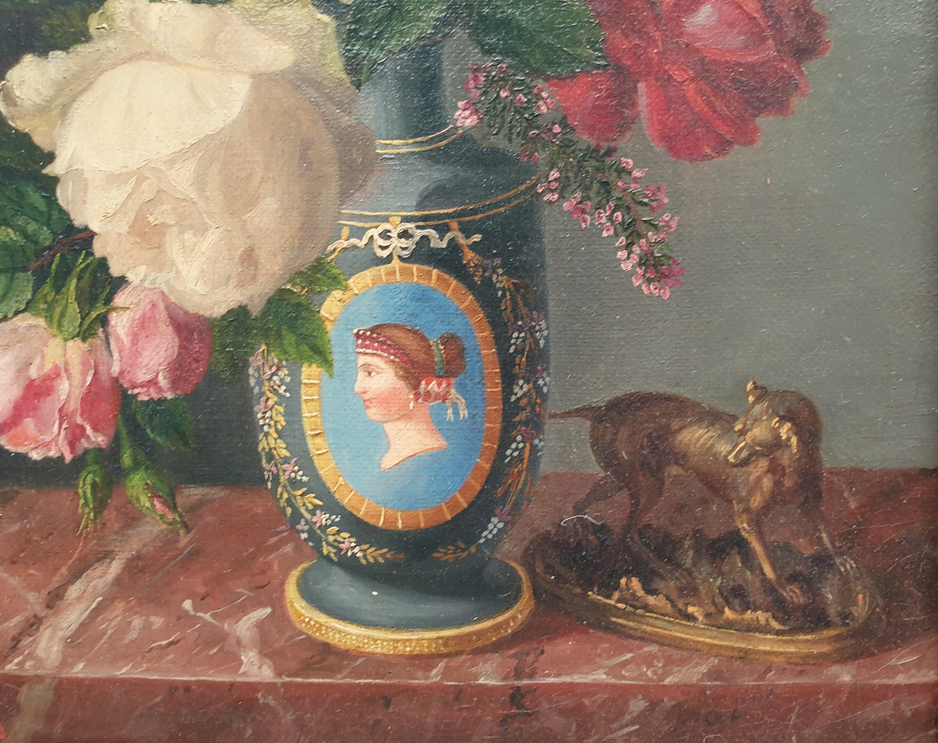Nature morte française 19ème vase à roses BRUYAS - Marron Still-Life Painting par Marc BRUYAS