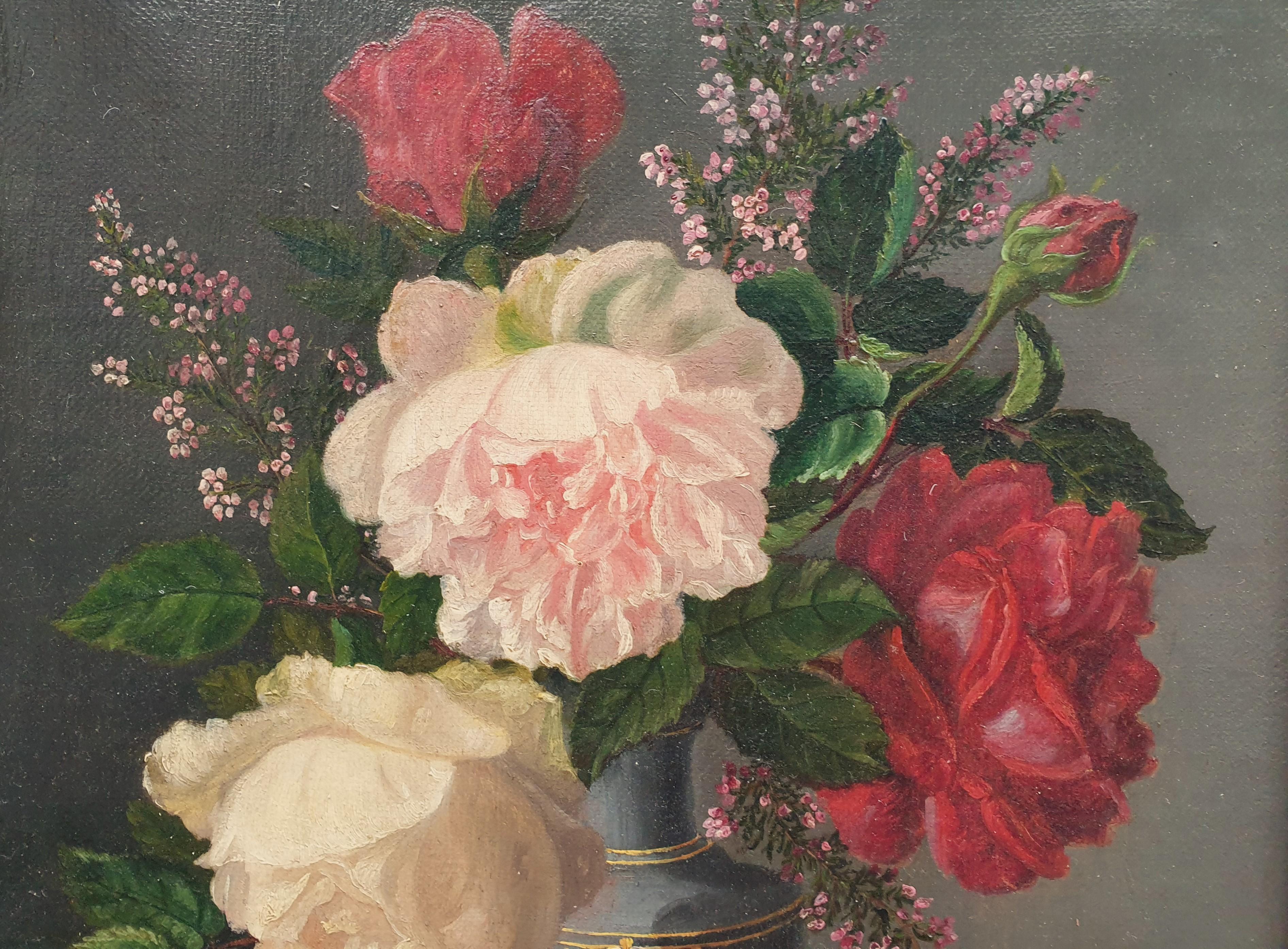 Nature morte française 19ème vase à roses BRUYAS en vente 1