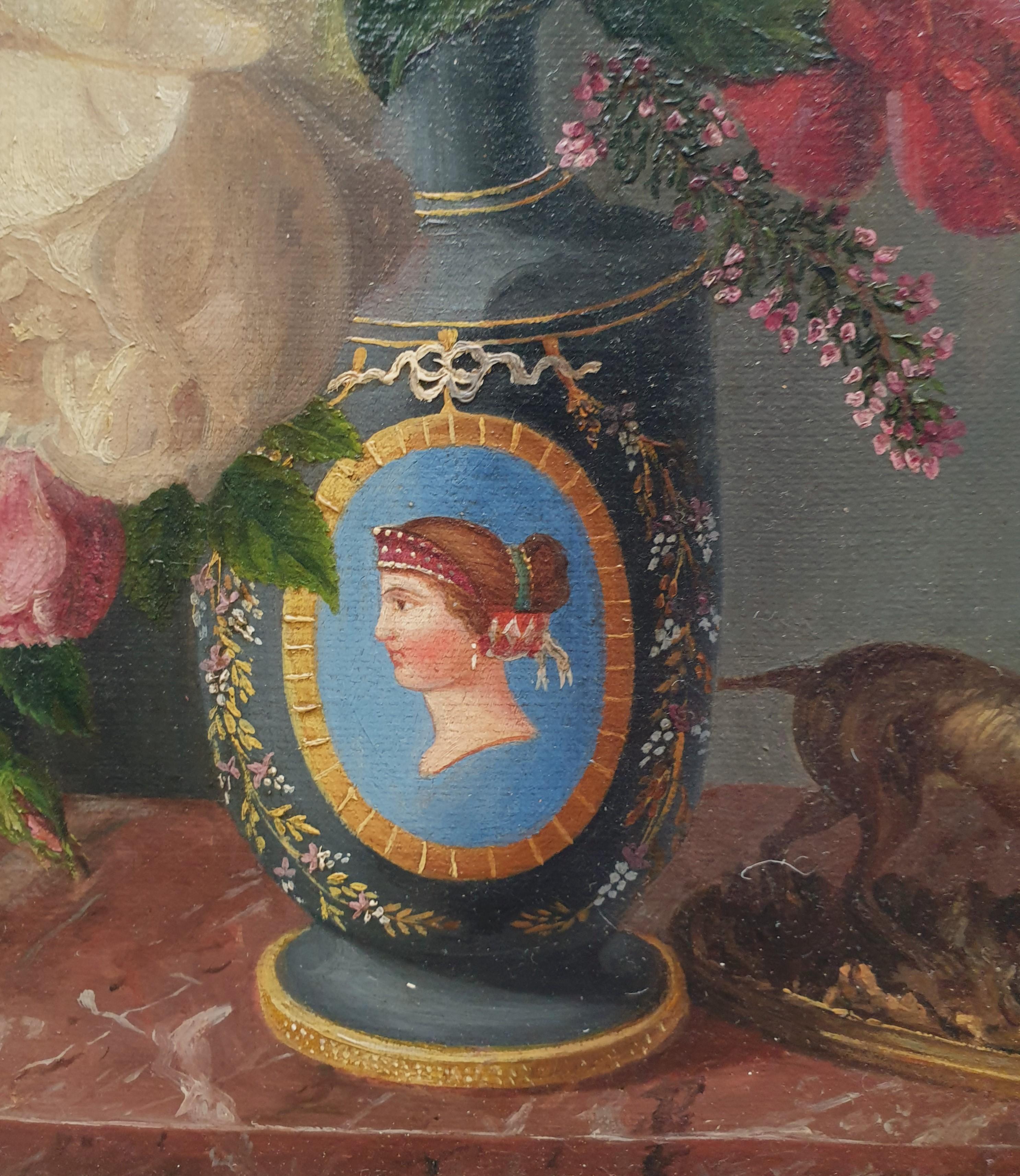 Nature morte française 19ème vase à roses BRUYAS en vente 2