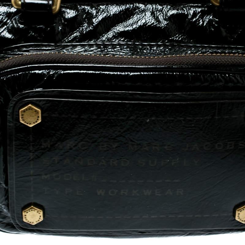 Marc by Marc Jacobs Black Laminated Leather Zip Pockets Satchel For Sale 6