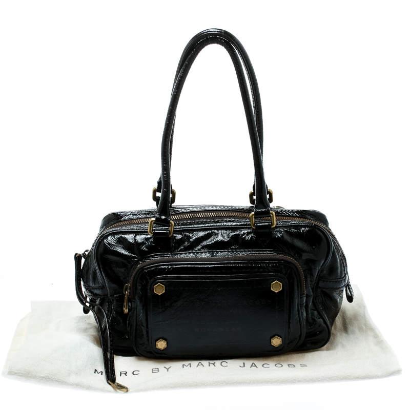 Marc by Marc Jacobs Black Laminated Leather Zip Pockets Satchel For Sale 7