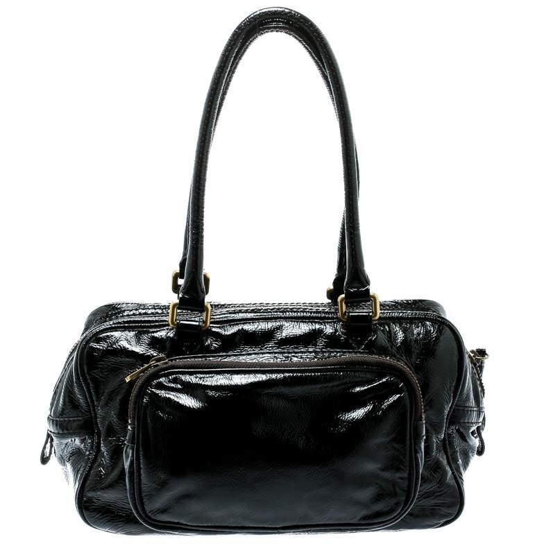 Marc by Marc Jacobs Black Laminated Leather Zip Pockets Satchel For Sale 1