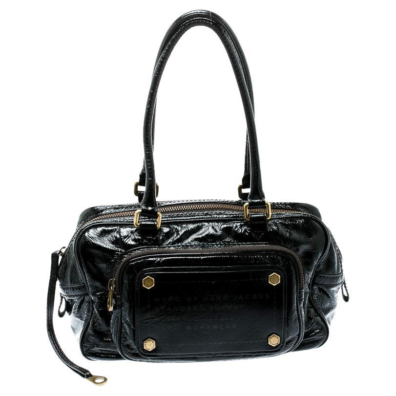 Marc by Marc Jacobs Black Laminated Leather Zip Pockets Satchel For Sale