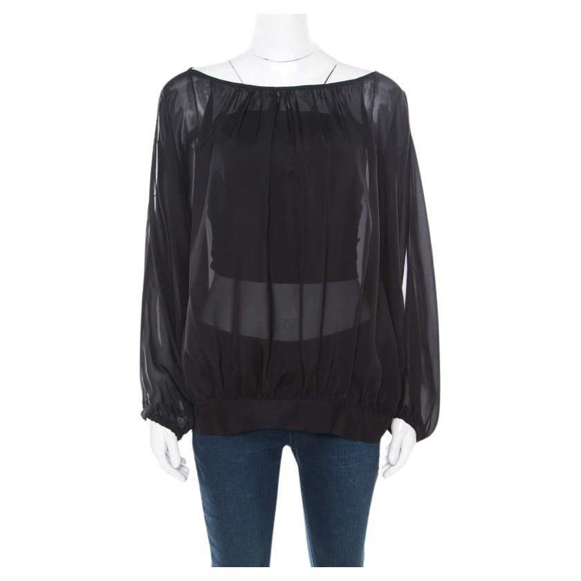 Marc by Marc Jacobs Black Sheer Silk Slit Batwing Sleeve Blouse M/L For Sale
