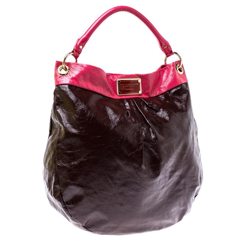 Black Marc by Marc Jacobs Brown/Pink Patent Leather Classic Q Hillier Hobo