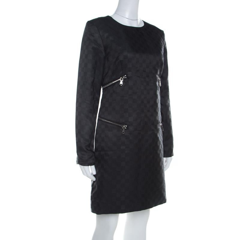 Marc by Marc Jacobs Dress Black Textured Check Twill Zipper Detail Shift Dress S In Excellent Condition In Dubai, Al Qouz 2