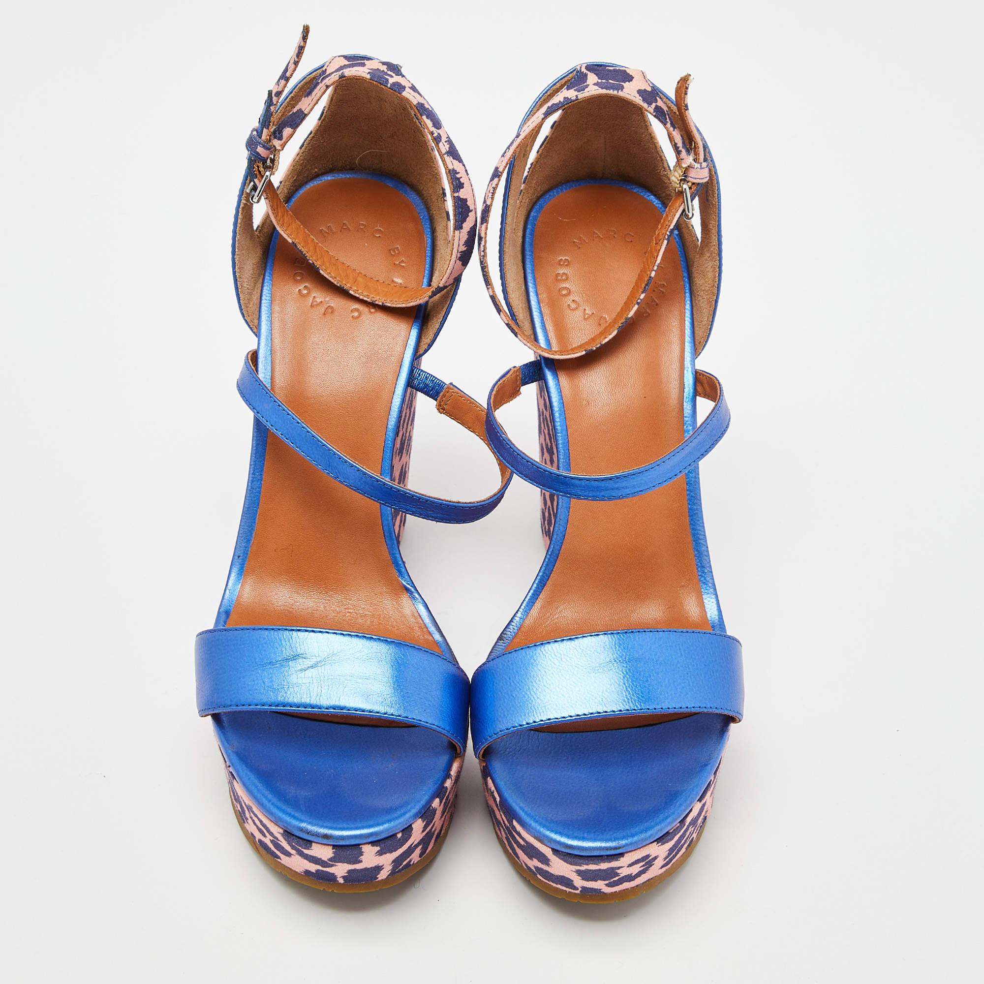 Purple Marc by Marc Jacobs Leather & Animal Print Wedge Ankle Strap Sandals Size 38 For Sale