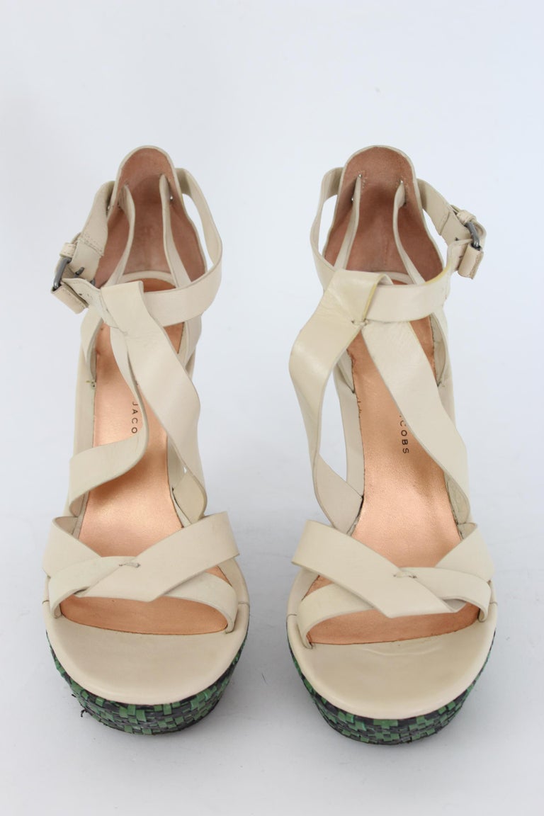 Marc By Marc Jacobs Leather Beige Green Open Toe Sandal Wedge Heel Shoes  For Sale at 1stDibs