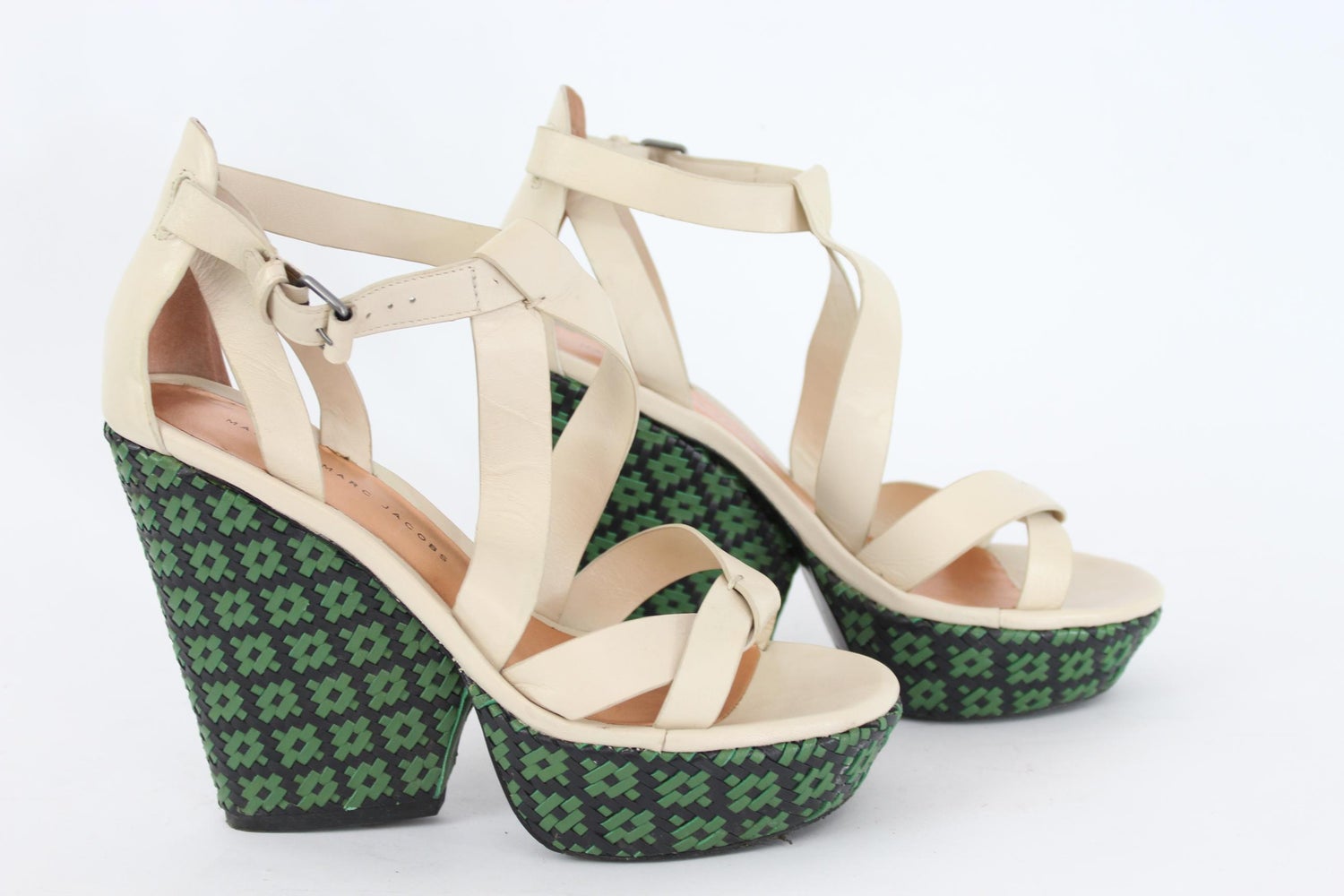 Marc By Marc Jacobs Leather Beige Green Open Toe Sandal Wedge Heel Shoes  For Sale at 1stDibs | beige leather heels