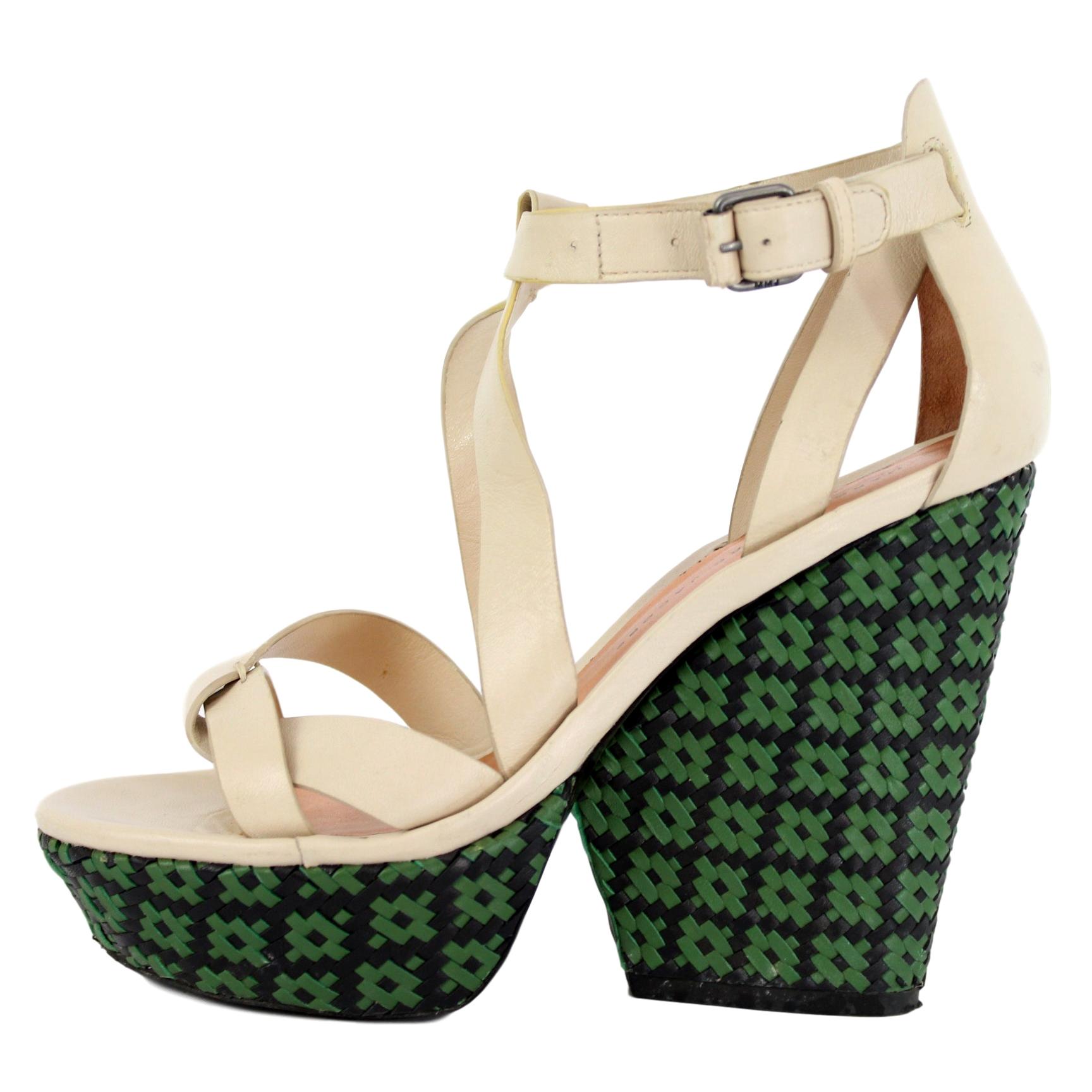 Marc By Marc Jacobs Leather Beige Green Open Toe Sandal Wedge Heel Shoes For Sale