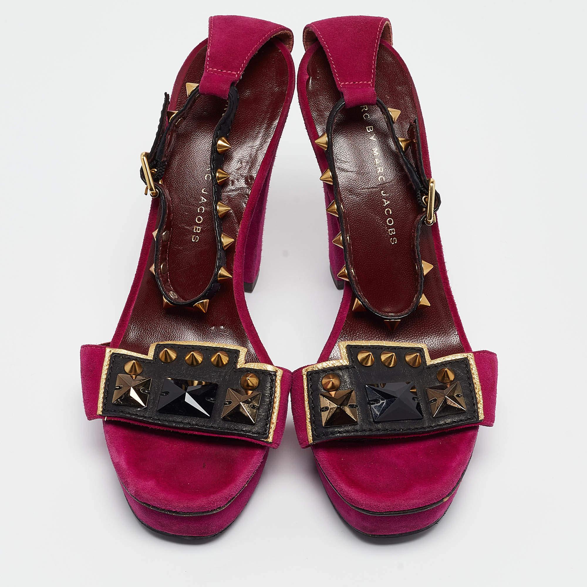 Red Marc by Marc Jacobs Magenta Suede & Leather Studded Ankle Strap Sandals Size 38 For Sale