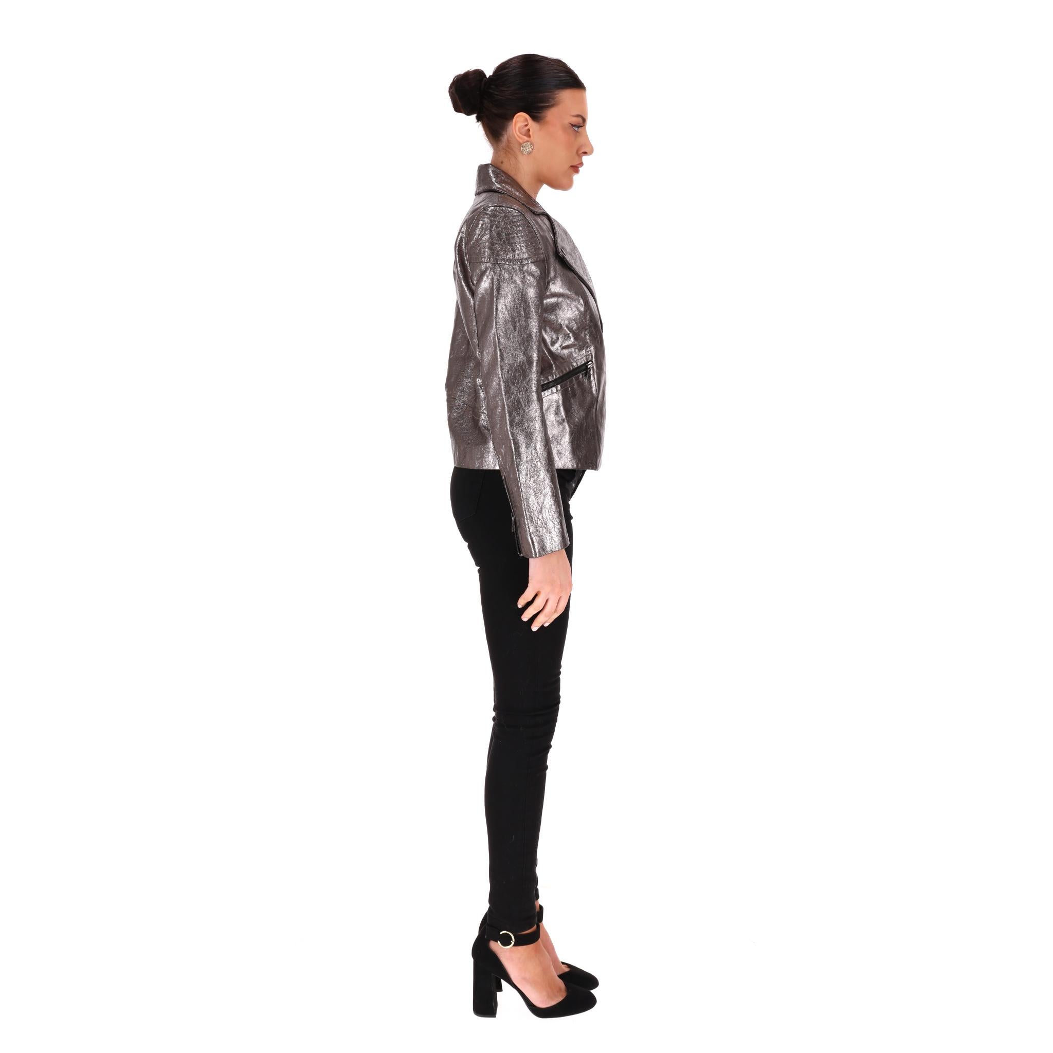 Gray Marc By Marc Jacobs Metallic Leather Biker Jacket For Sale