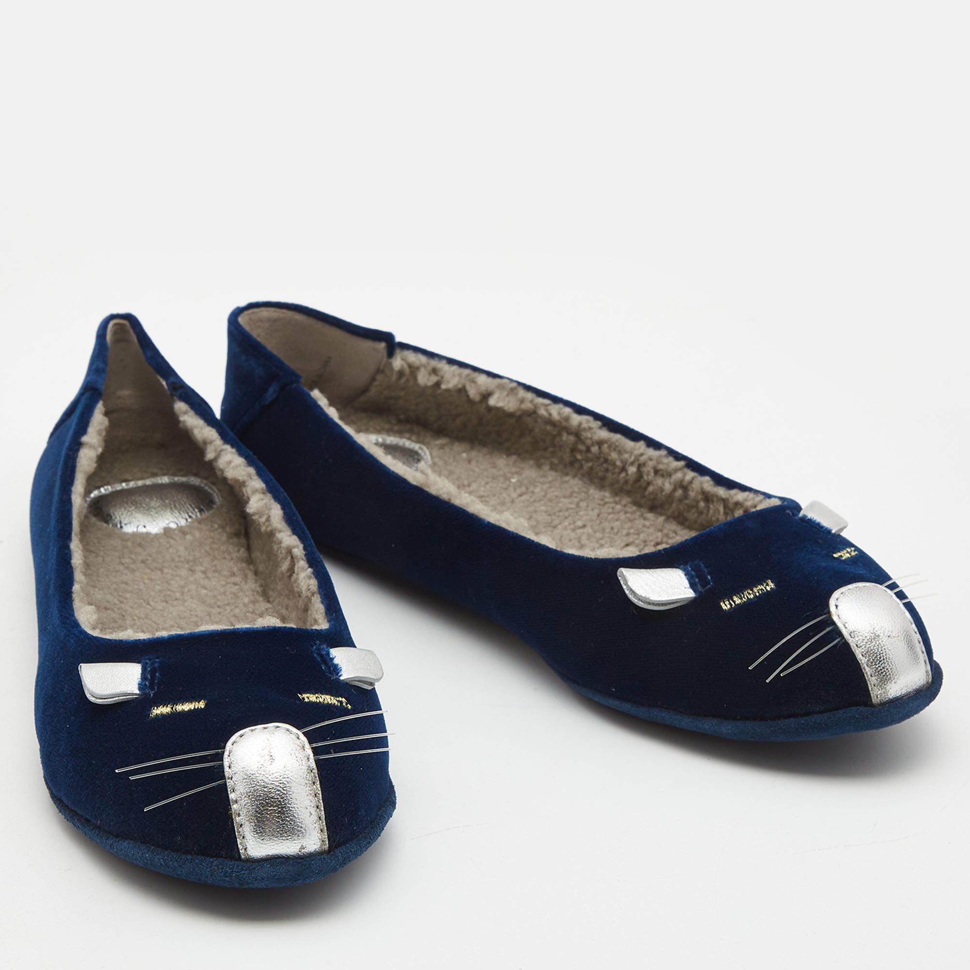 Marc by Marc Jacobs Navy Blue Velvet and Leather Cat Ballet Flats Size 36.5 In Excellent Condition For Sale In Dubai, Al Qouz 2