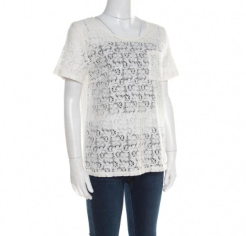 Gris Marc par Marc Jacobs haut à manches courtes en dentelle à fleurs blanc cassé, taille M en vente