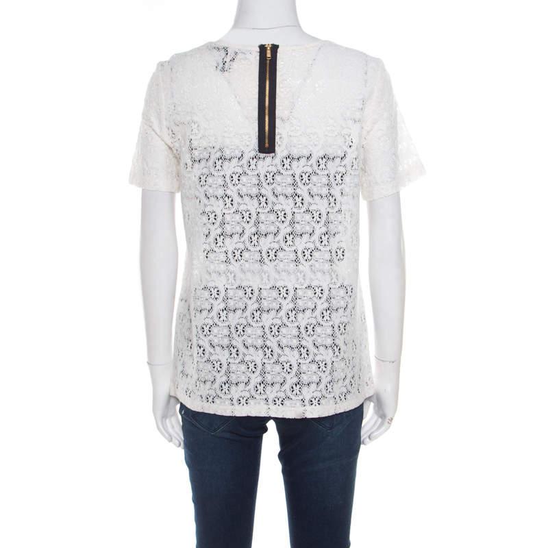 Marc by Marc Jacobs Off White Floral Lace Short Sleeve Top M In Good Condition For Sale In Dubai, Al Qouz 2