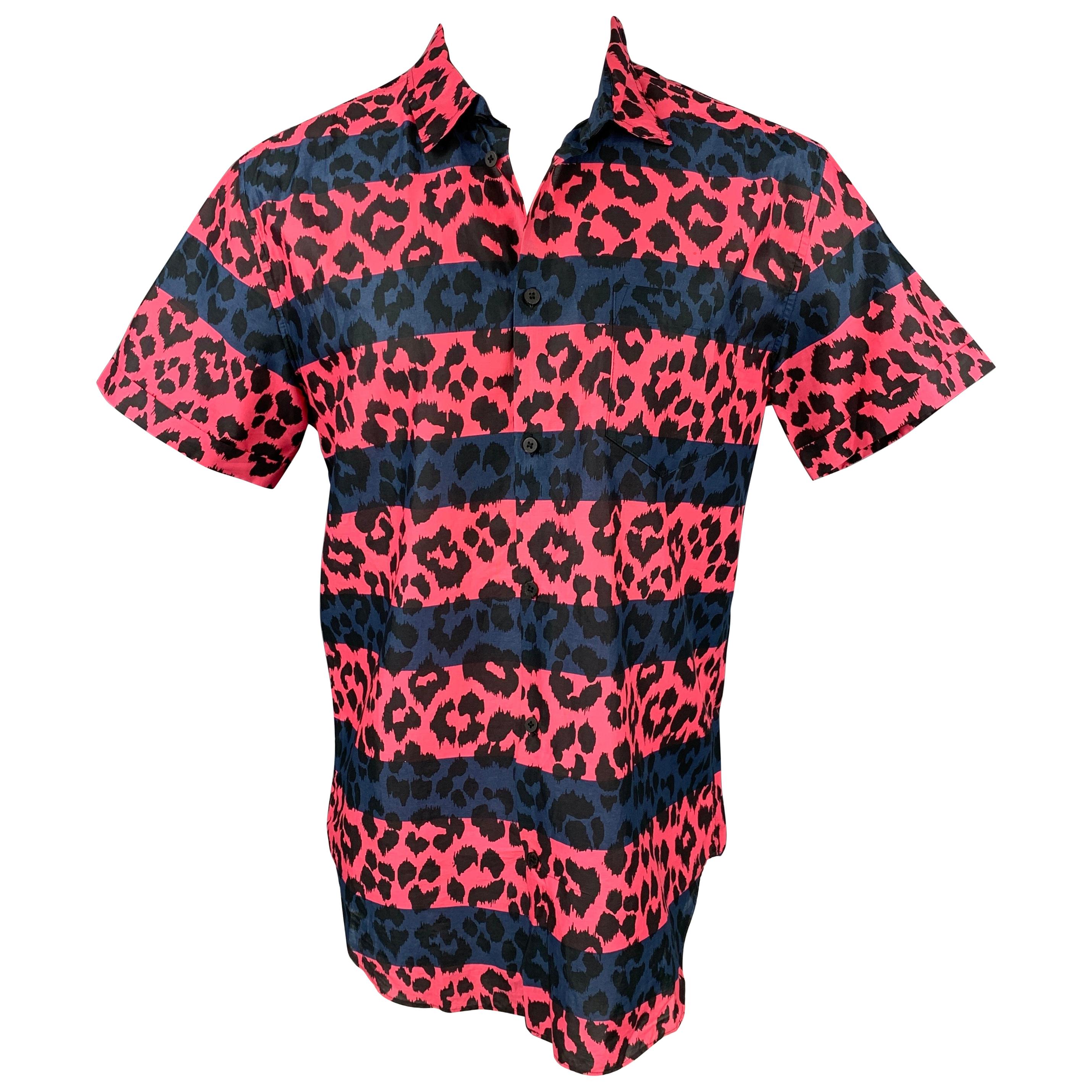 MARC by MARC JACOBS Size L Pink & Navy Leopard Print Cotton Short Sleeve Shirt