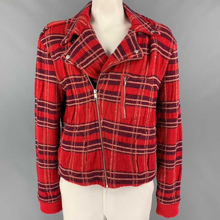 MARC by MARC JACOBS Size XL Red Navy Plaid Wool Biker Jacket For Sale