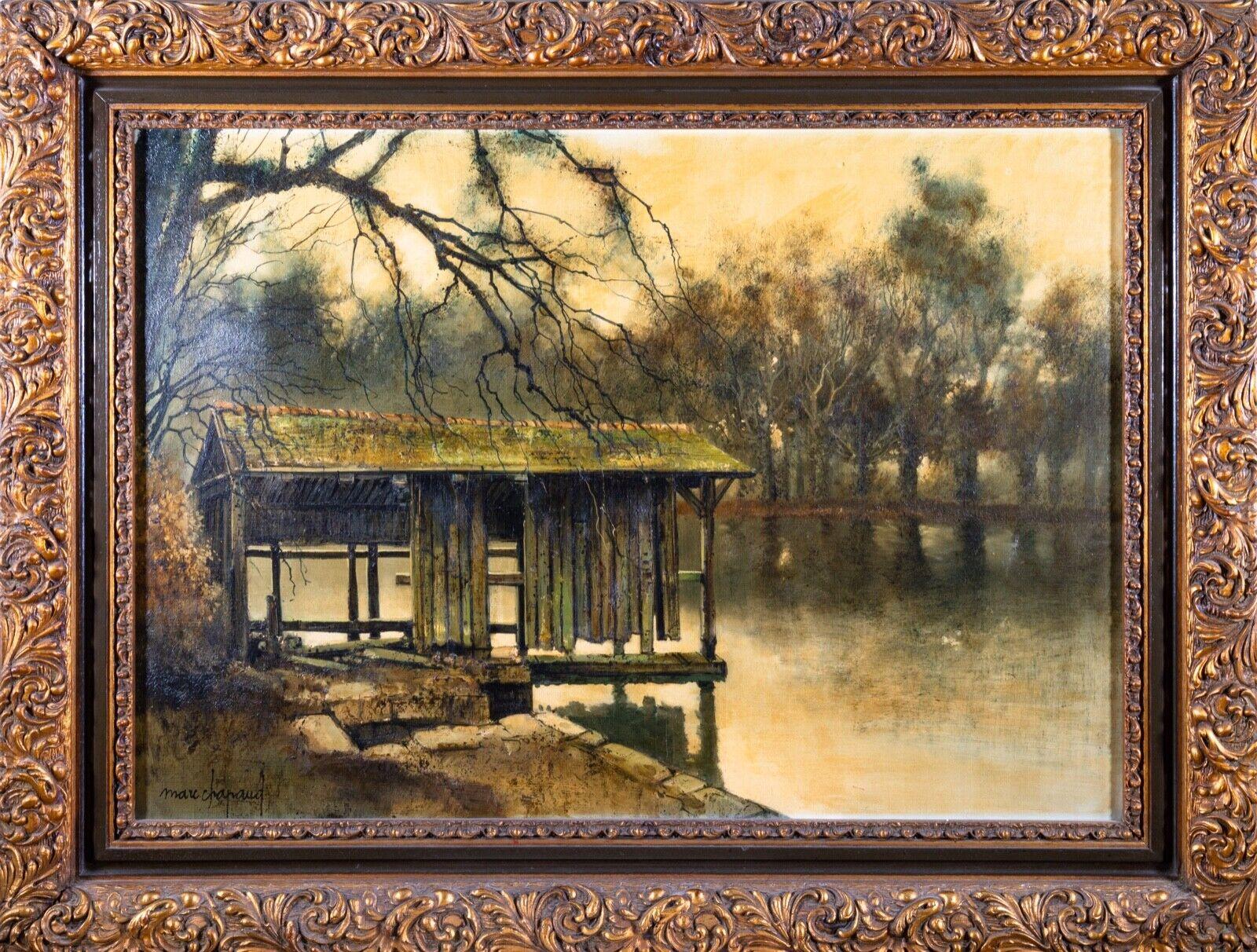 A serene and calming French landscape oil painting on canvas titled “Etang (Pond) at Sologne” by Marc Chapaud. Hand signed bottom left. Verso signed, dated 1975, and titled. Original gallery tag from W. T. Burger Co. Inc. on verso. Marc Chapaud was