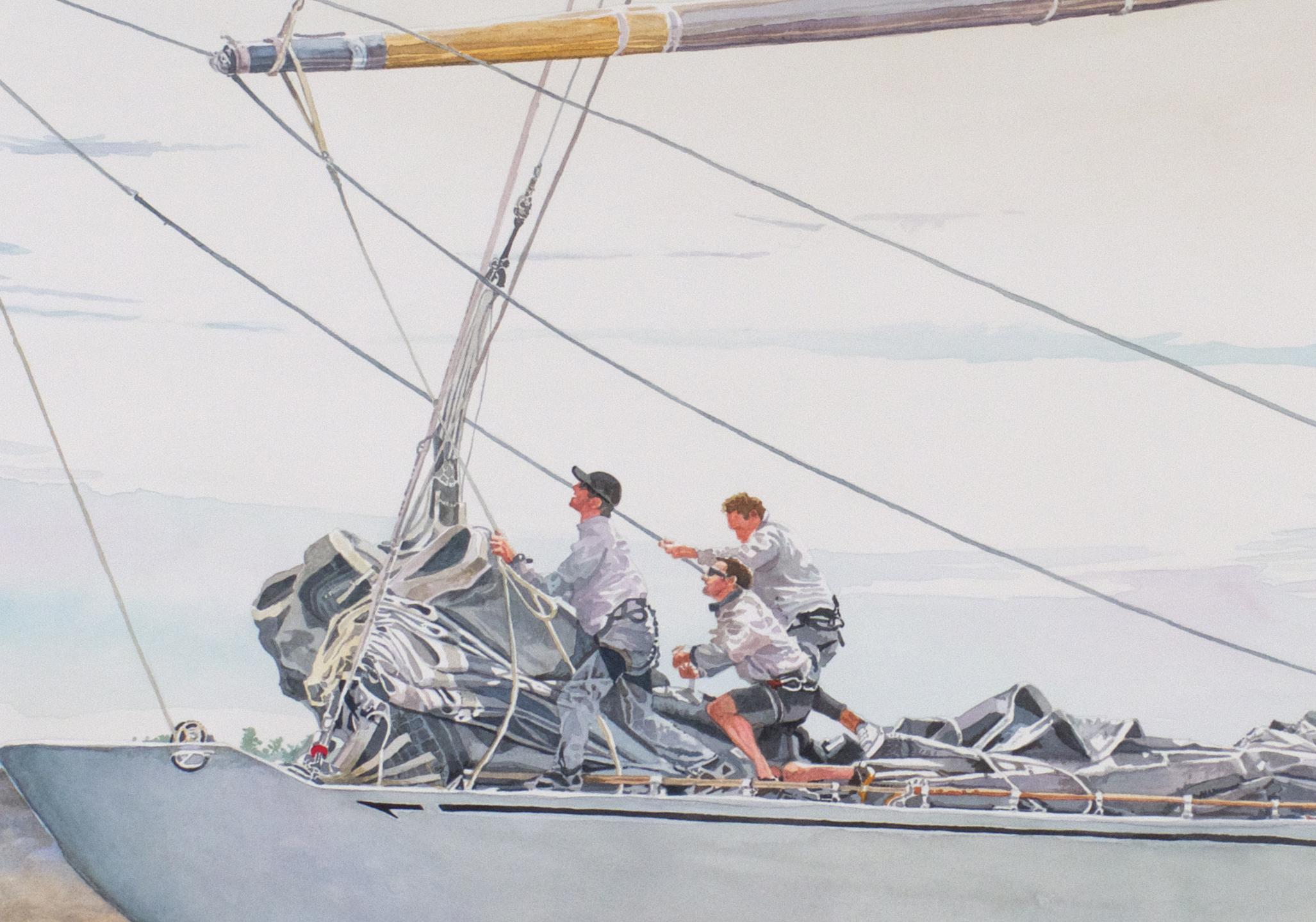 Trimming the Corner- J-Class Yacht Ranger - Gray Landscape Painting by Marc Castelli