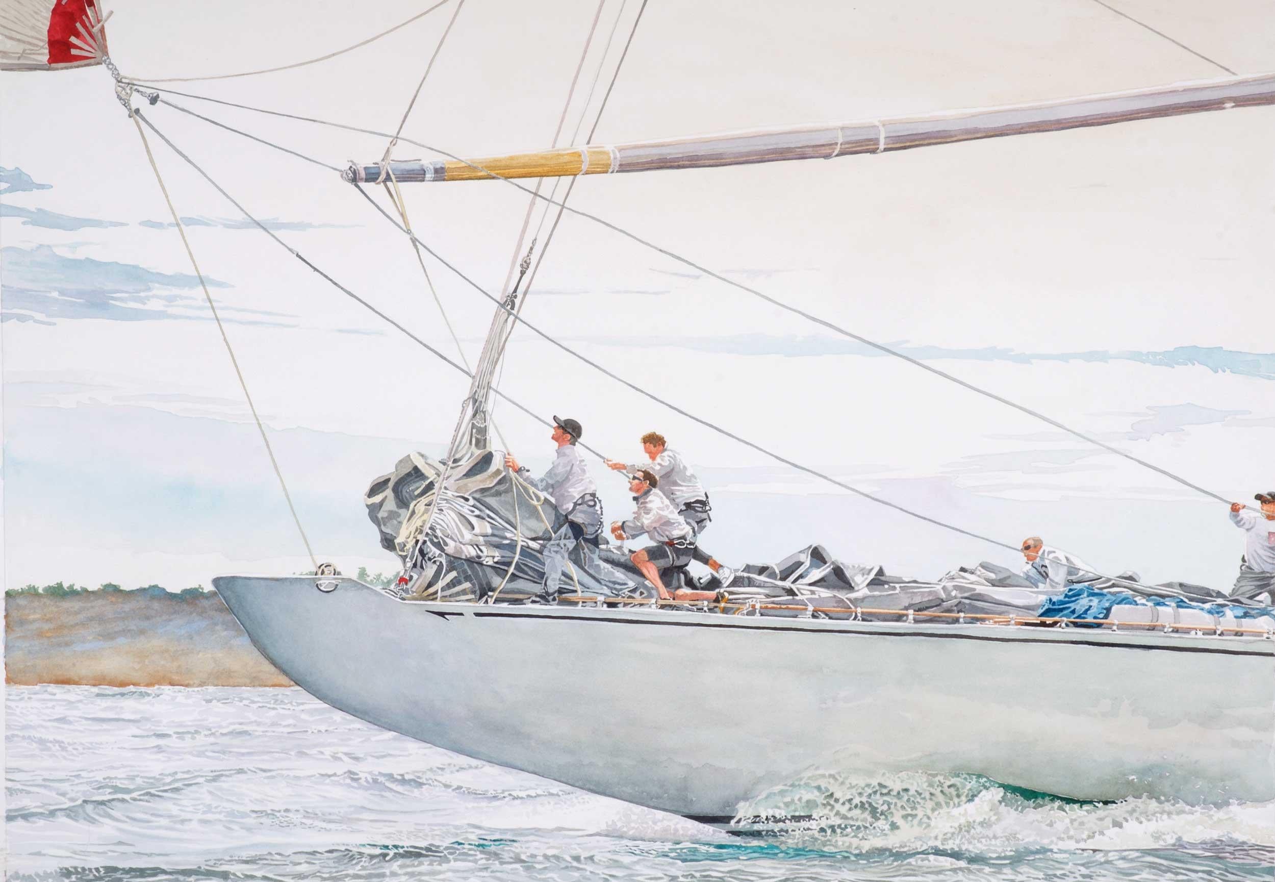 Marc Castelli Landscape Painting - Trimming the Corner- J-Class Yacht Ranger