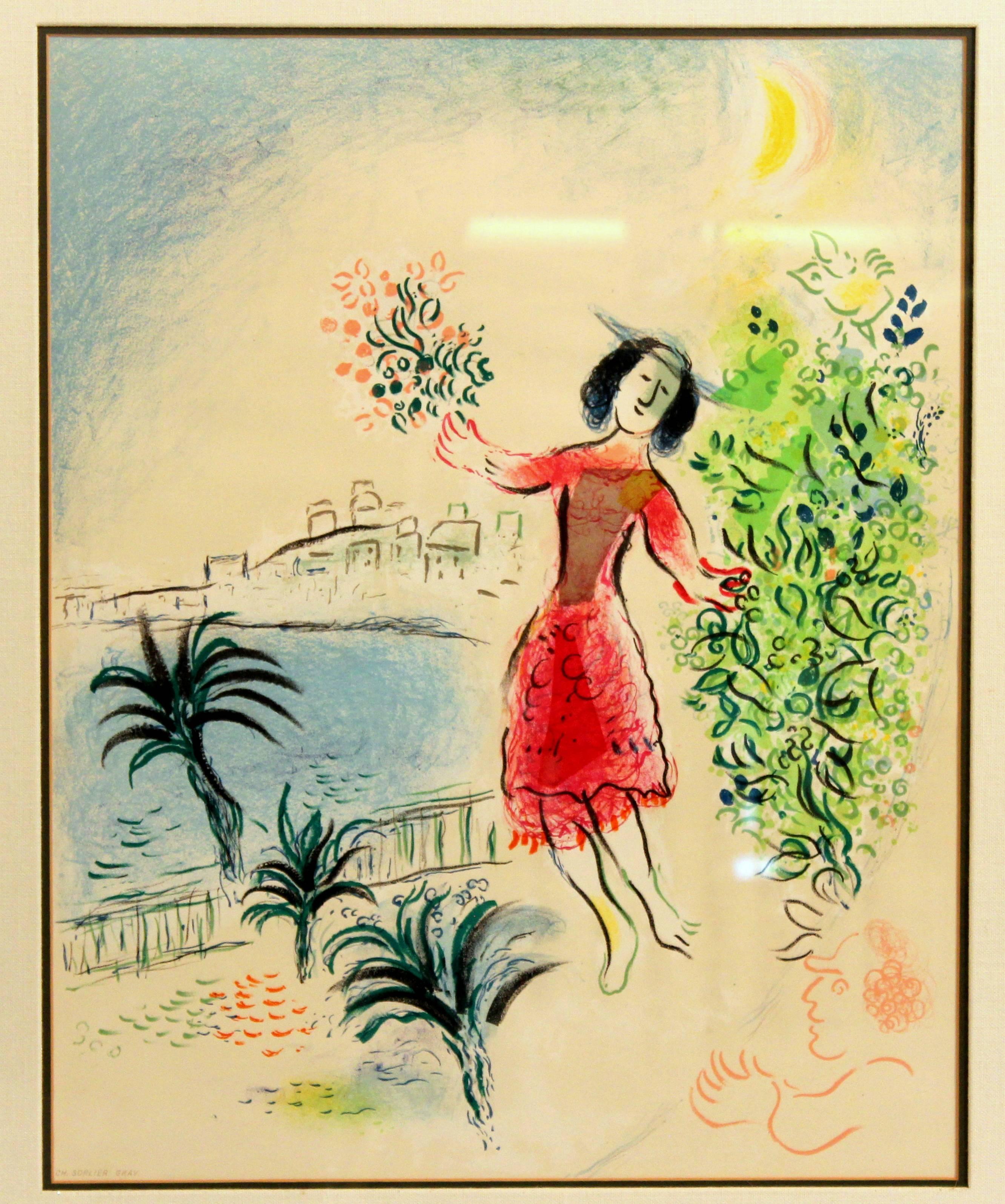 Color limited edition lithograph of 3000 by Charles Sorlier for a Chagall exhibition at the Galerie Ponchettes in Nice in 1970. The image is taken from the 