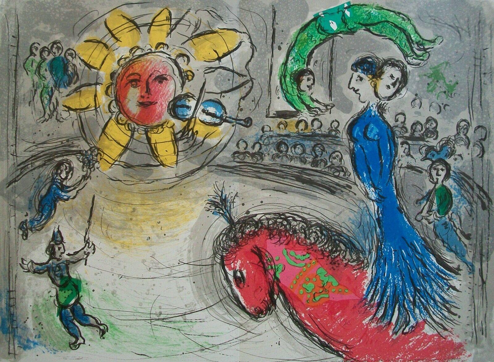 Marc Chagall (nach) - 'Soleil au Cheval Rouge' ('Sonne mit rotem Pferd') - M945 - Original Surrealistische Farblithographie auf Papier - zeigt eine Zirkusszene - französischer Text verso - Platte für Nummer 235 von Derriere le Miroir (1979) -