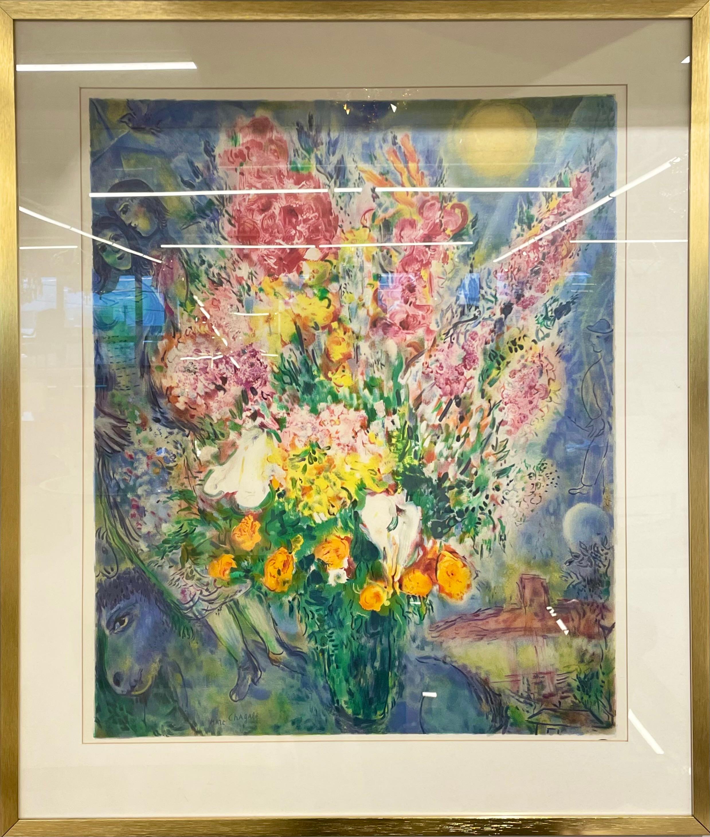 Nach Marc Chagall „Bouquet De Fleurs“ Lithographie in einem eleganten vergoldeten Goldrahmen unter Glas, 1970er Jahre.

Ungerahmt:
Höhe: 71 cm (28 Zoll)
Breite: 23,24 Zoll.
