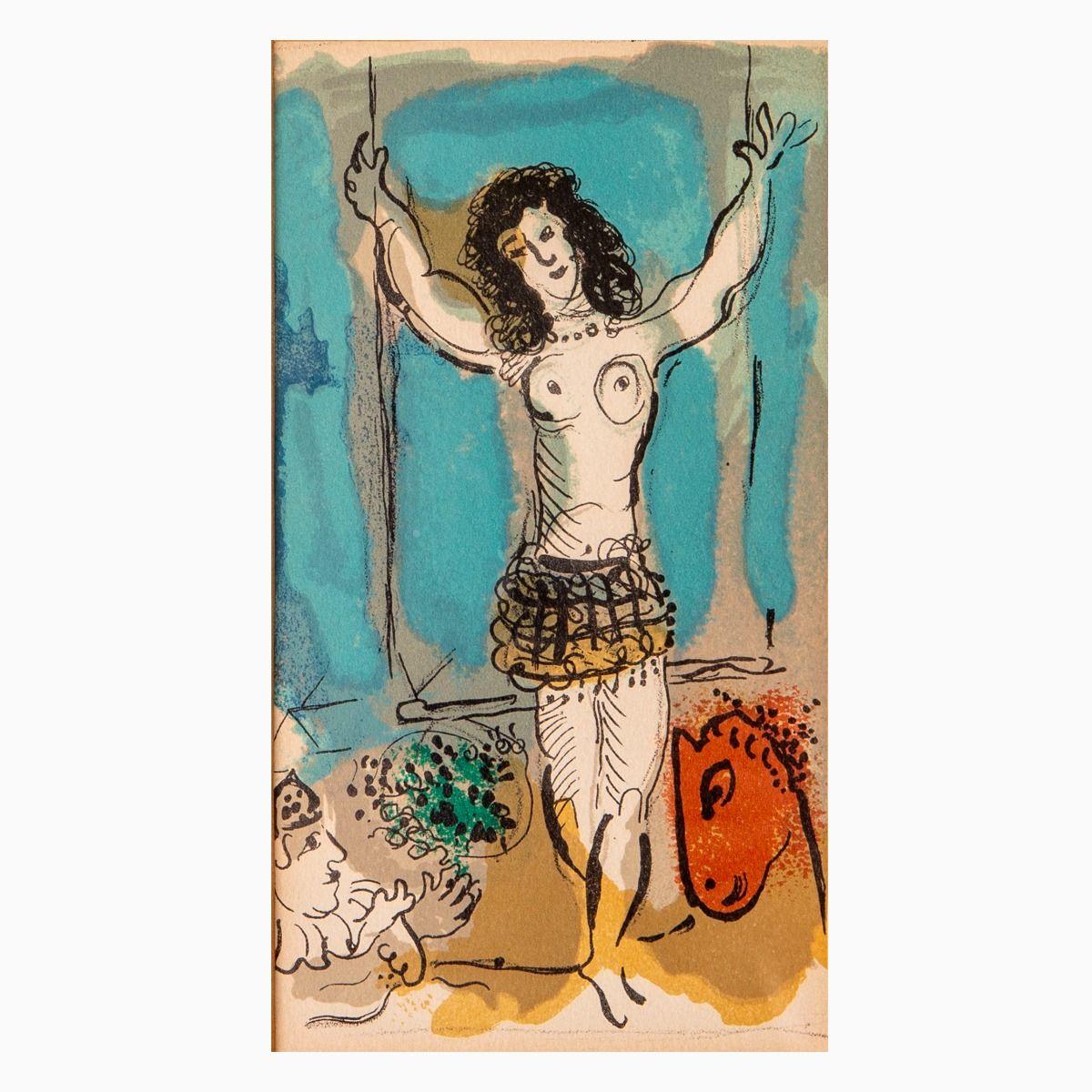Marc Chagall (1887–1985)
A colorful lithograph by Marc Chagall depicting a circus trapeze artist. Unsigned.
The artwork portrays a vivid and imaginative circus scene, with a central trapeze performer rendered in Chagall’s signature style—vibrant