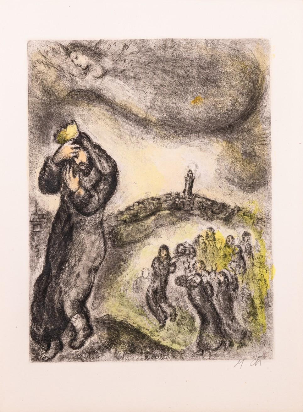 A spiritual modern etching with hand coloring on Arches wove paper titled “David Montant La Colline des Oliviers (David Ascending The Mount of Olives)” (pl. 71 from The Bible Series) by Marc Chagall. Hand initialed in pencil on the bottom right with