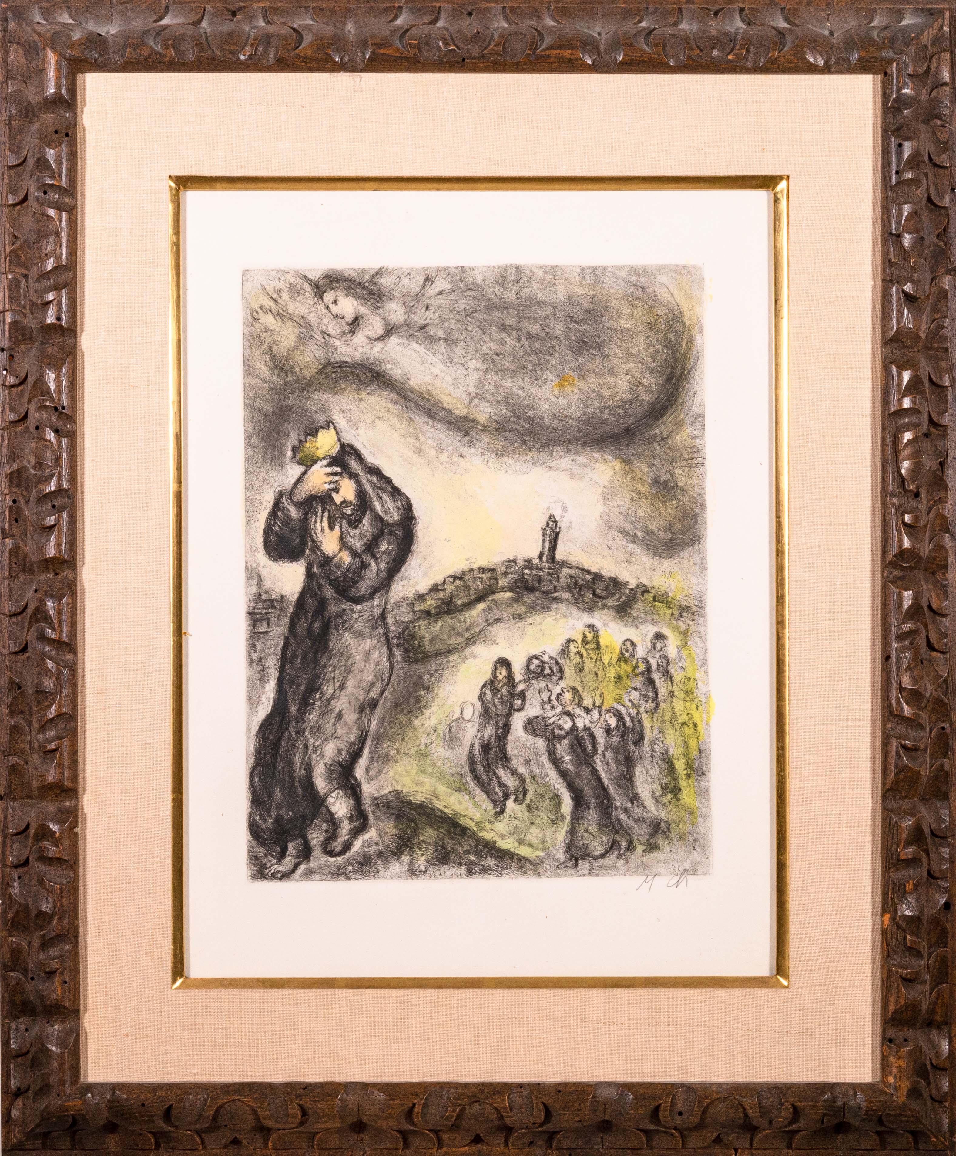 Gravure moderne spirituelle coloriée à la main sur papier vélin d'Arches intitulée 