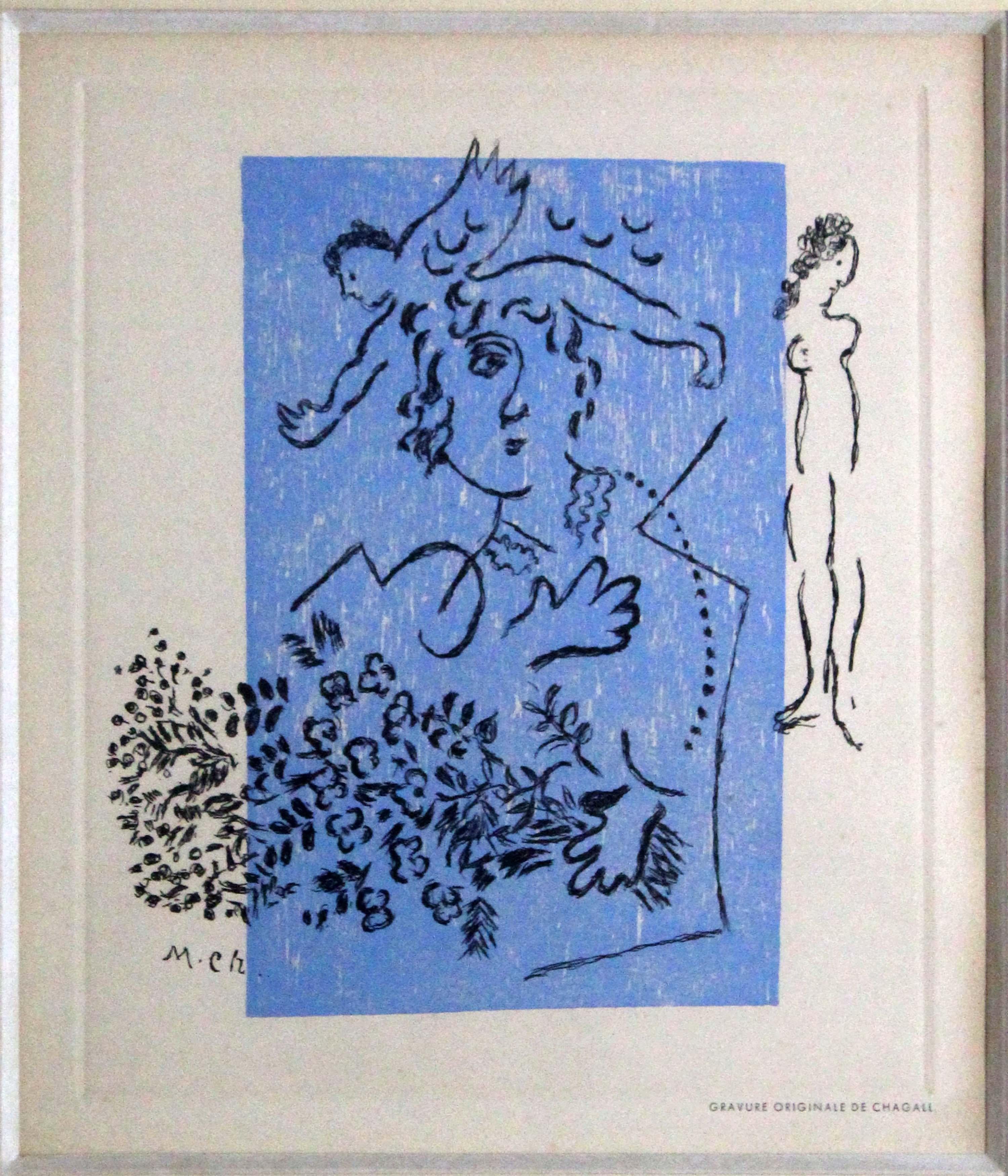 A romantic study in blue, gravure originale (original etching) titled Femme et Agne (Woman and Angel) by Marc Chagall. Signed in plate on Arches vellum. Chagall did this etching for a greeting card in 1963. This allows a rare opportunity to own