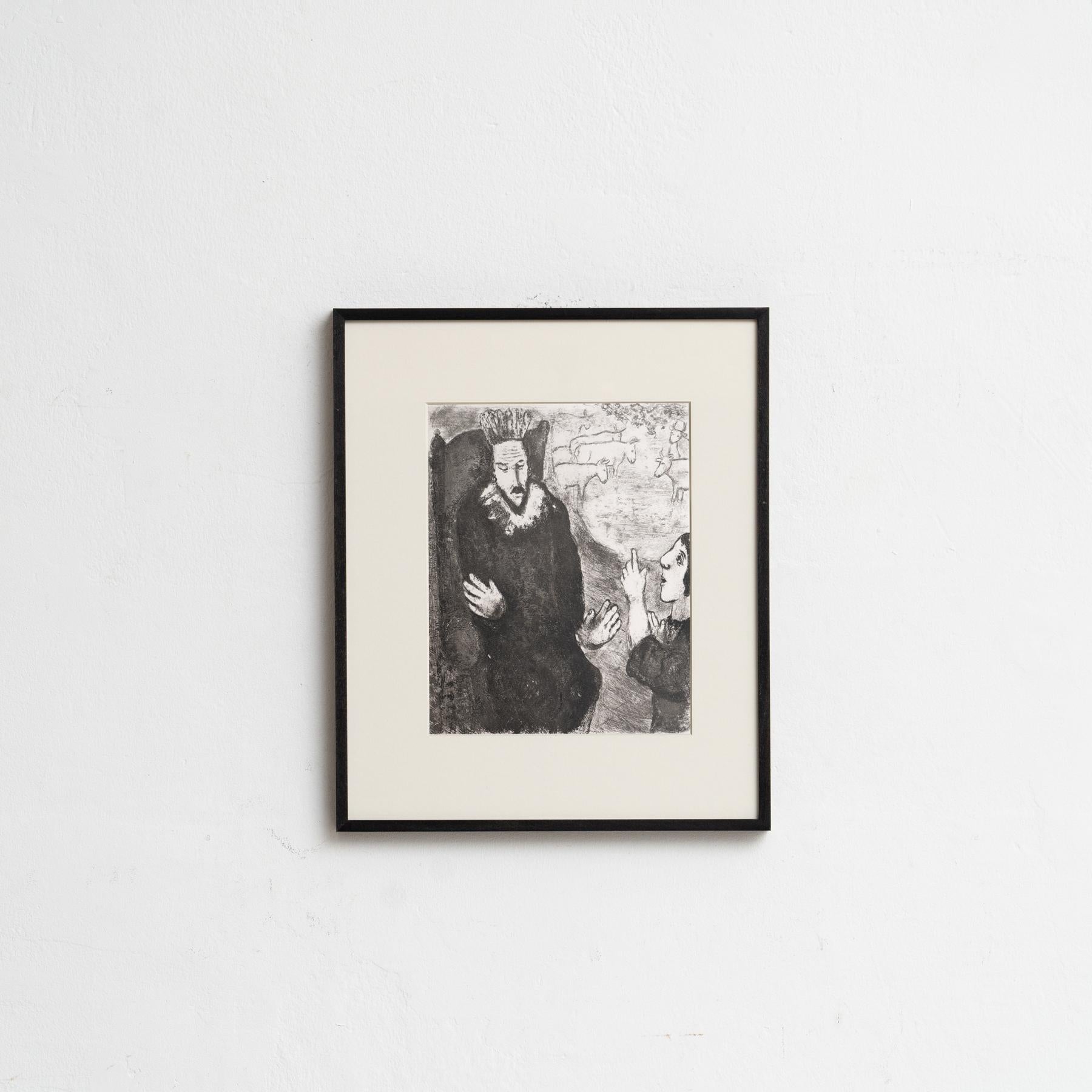 Scopri una rara e squisita stampa eliografica in bianco e nero del leggendario Marc Chagall, che raffigura una scena biblica con la qualità eterea tipica dell'artista. Questa stampa è tratta dalla ricercatissima pubblicazione Verve 