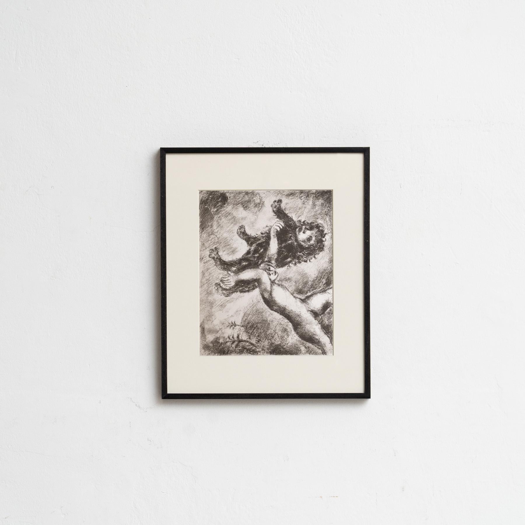Scopri una rara e squisita stampa eliografica in bianco e nero del leggendario Marc Chagall, che raffigura una scena biblica con la qualità eterea tipica dell'artista. Questa stampa è tratta dalla ricercatissima pubblicazione Verve 