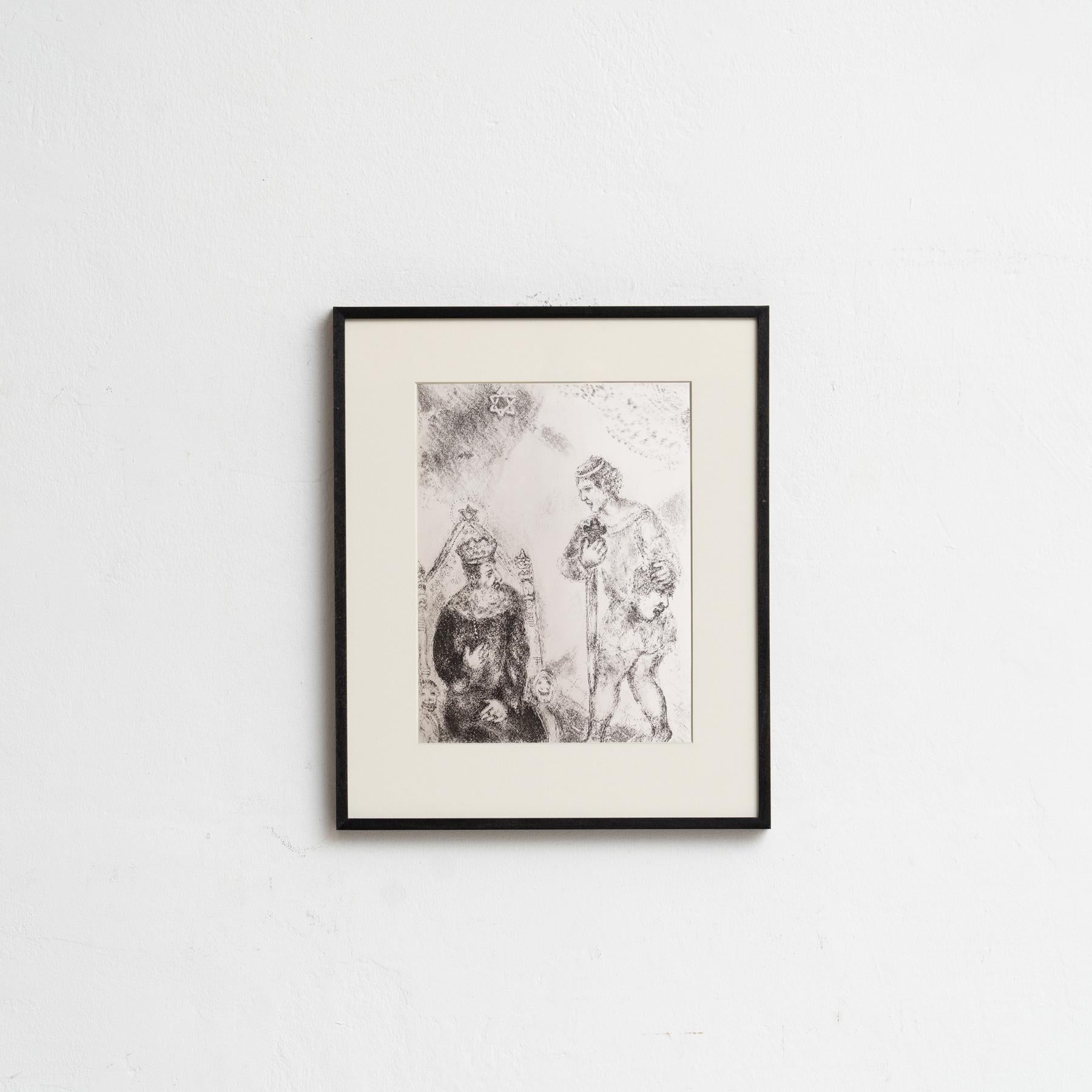 Scopri una rara e squisita stampa eliografica in bianco e nero del leggendario Marc Chagall, che raffigura una scena biblica con la qualità eterea tipica dell'artista. Questa stampa è tratta dalla ricercatissima pubblicazione Verve 