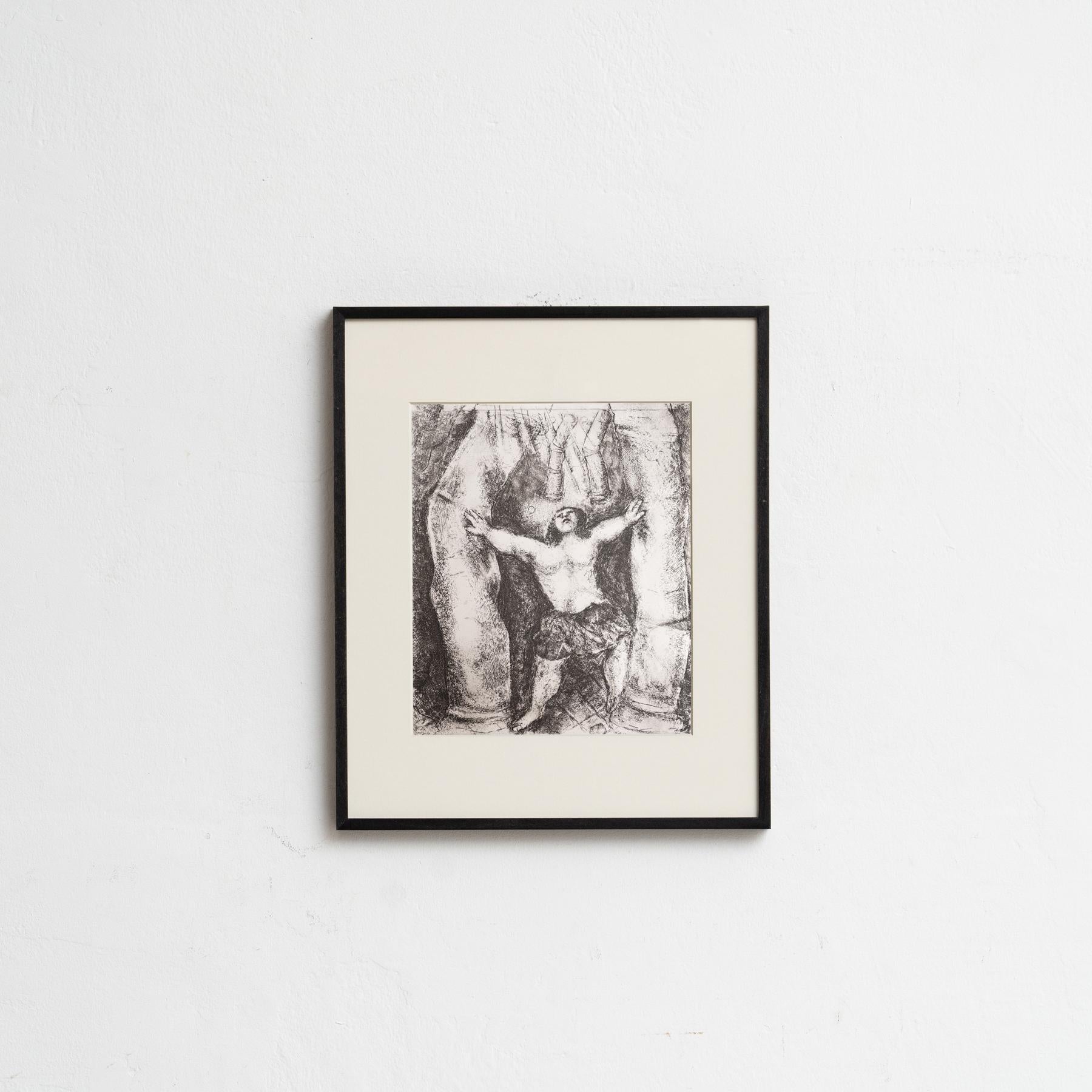 Scopri una rara e squisita stampa eliografica in bianco e nero del leggendario Marc Chagall, che raffigura una scena biblica con la qualità eterea tipica dell'artista. Questa stampa è tratta dalla ricercatissima pubblicazione Verve 