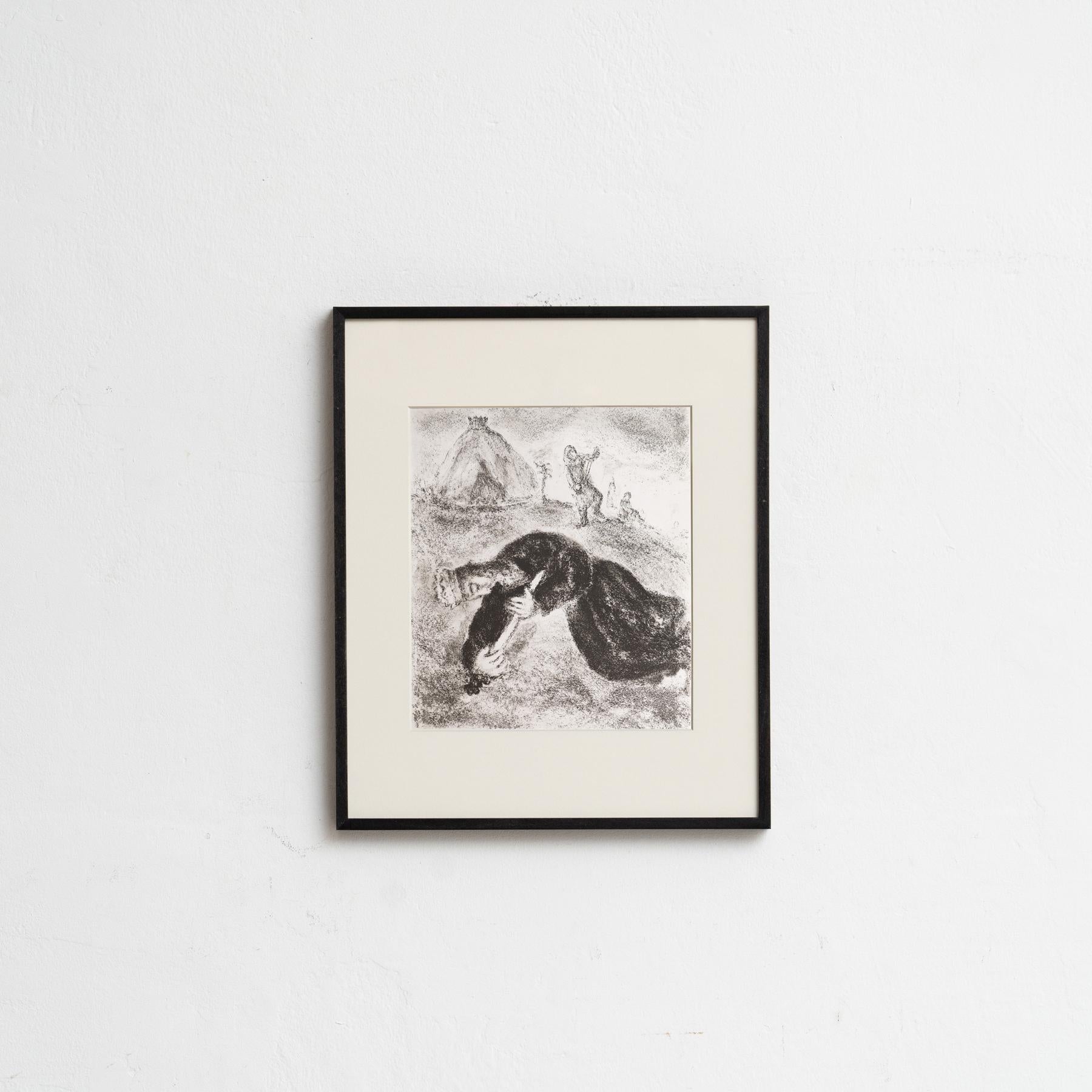 Scopri una rara e squisita stampa eliografica in bianco e nero del leggendario Marc Chagall, che raffigura una scena biblica con la qualità eterea tipica dell'artista. Questa stampa è tratta dalla ricercatissima pubblicazione Verve 